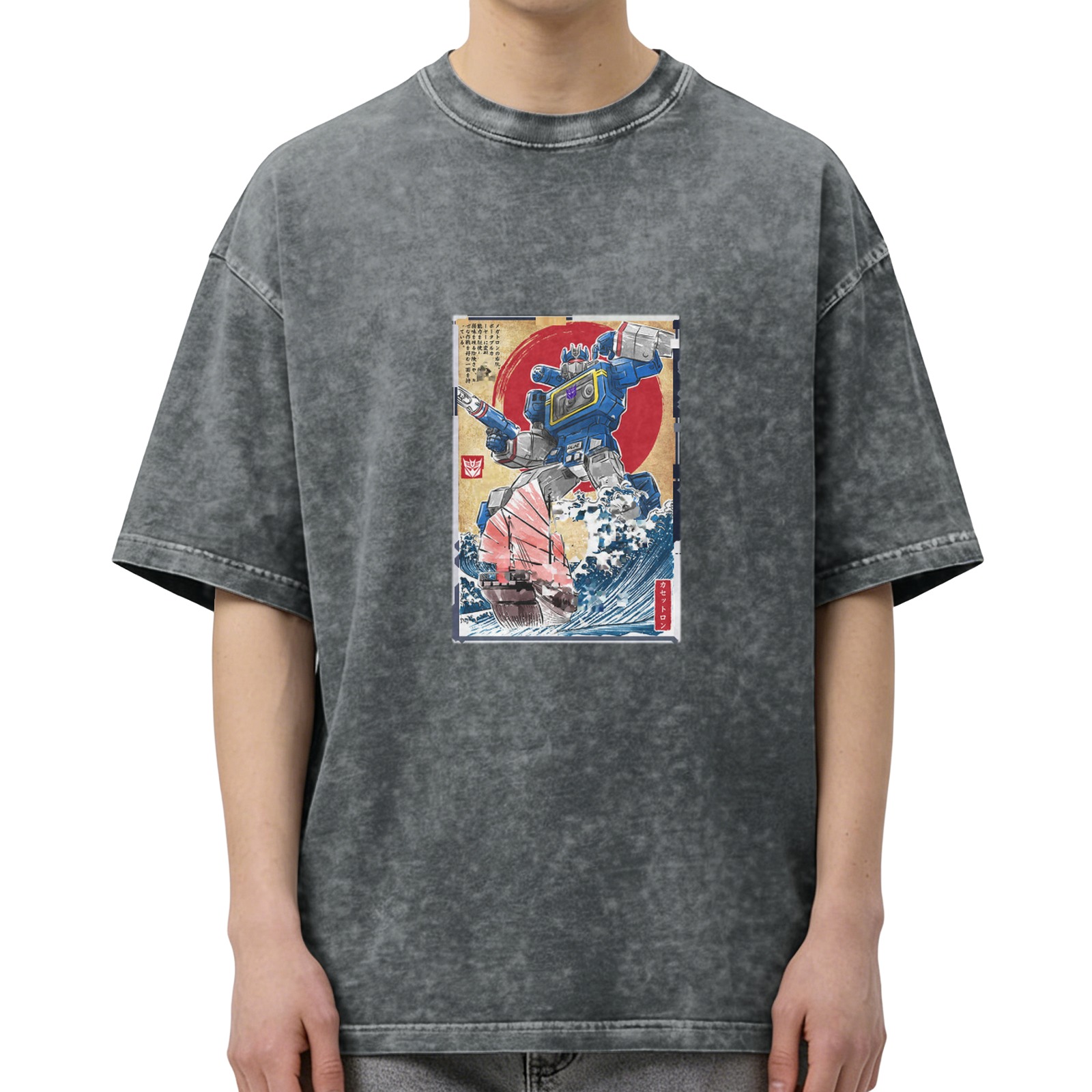Retro washed black loose short-sleeved T-shirt Ukiyo-e Transformers sonic print