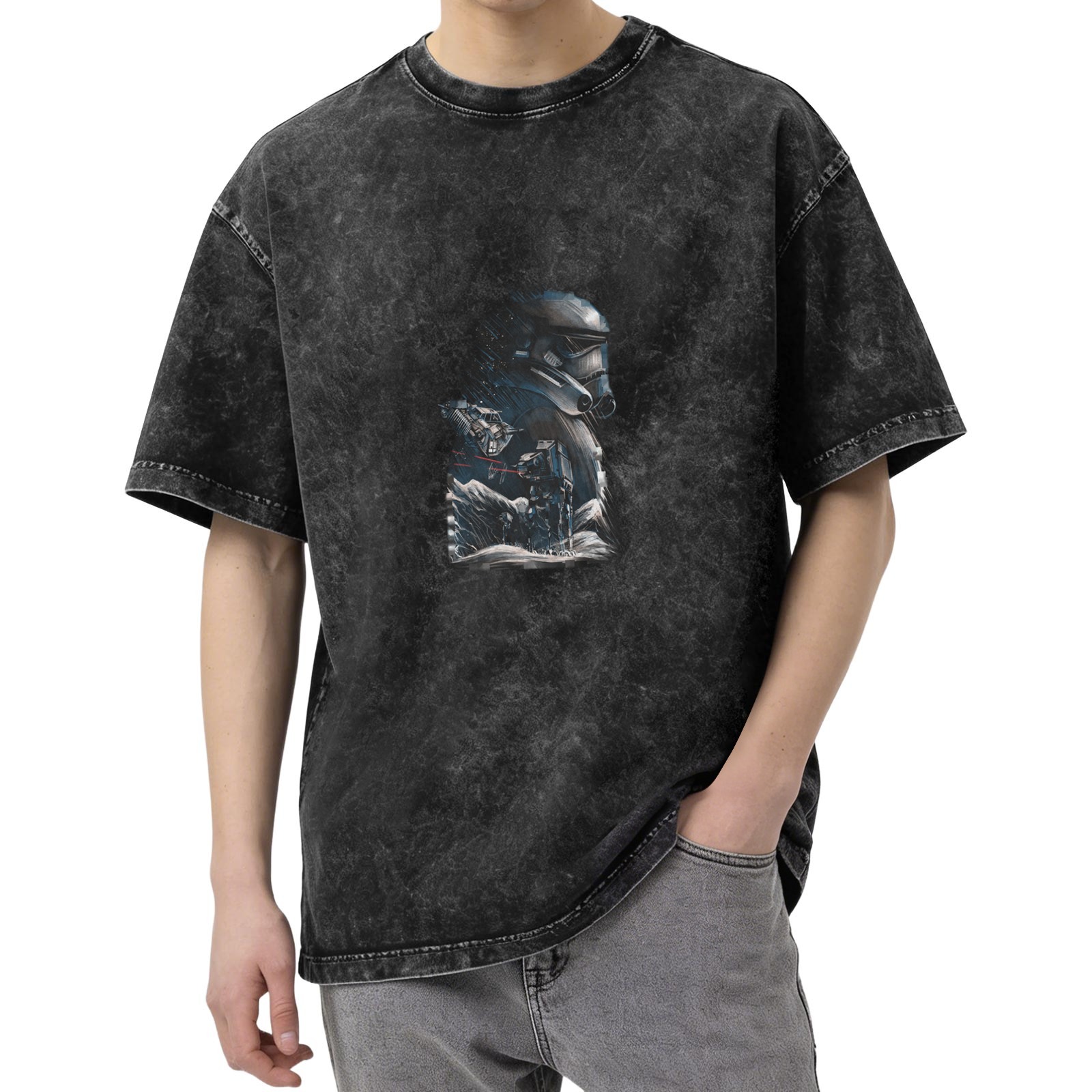 Washed Black Graphic T-Shirt with Sci-Fi Trooper Battle Art