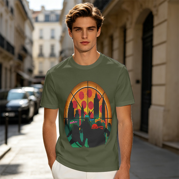 Olive T-Shirt With Ninja Turtles Pizza City Silhouette Print