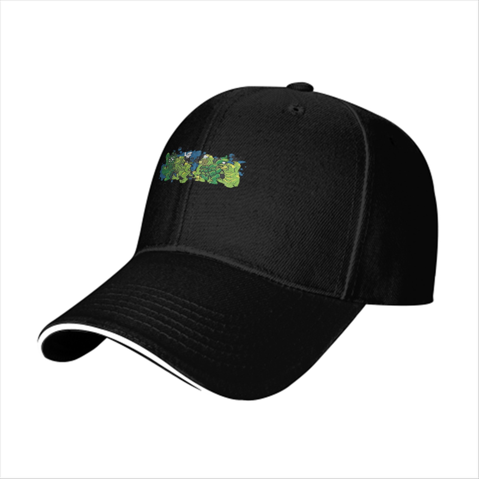 Black baseball cap with green monster graphic print