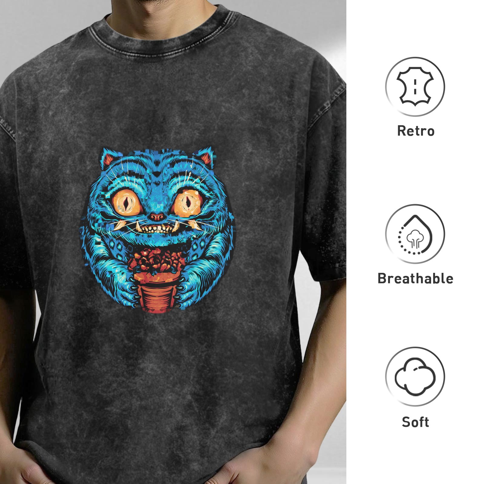 Washed Black Oversized T-Shirt With Blue Cheshire Cat Graphic