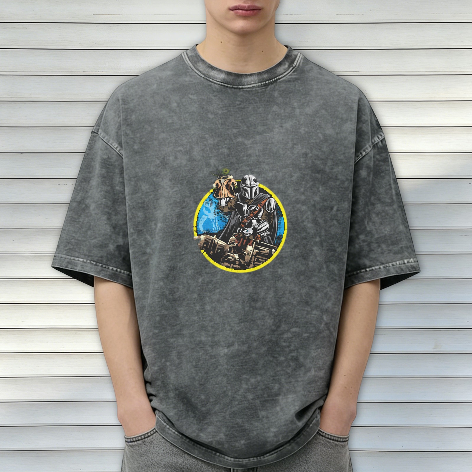 Washed Black T-Shirt With Mandalorian And Child Graphic