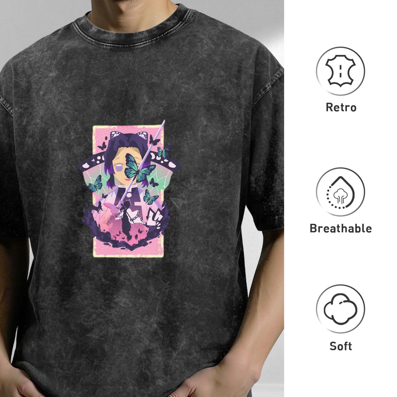 Demon Slayer: Kimetsu no Yaiba Butterfly Ninja themed distressed washed black short-sleeved T-shirt