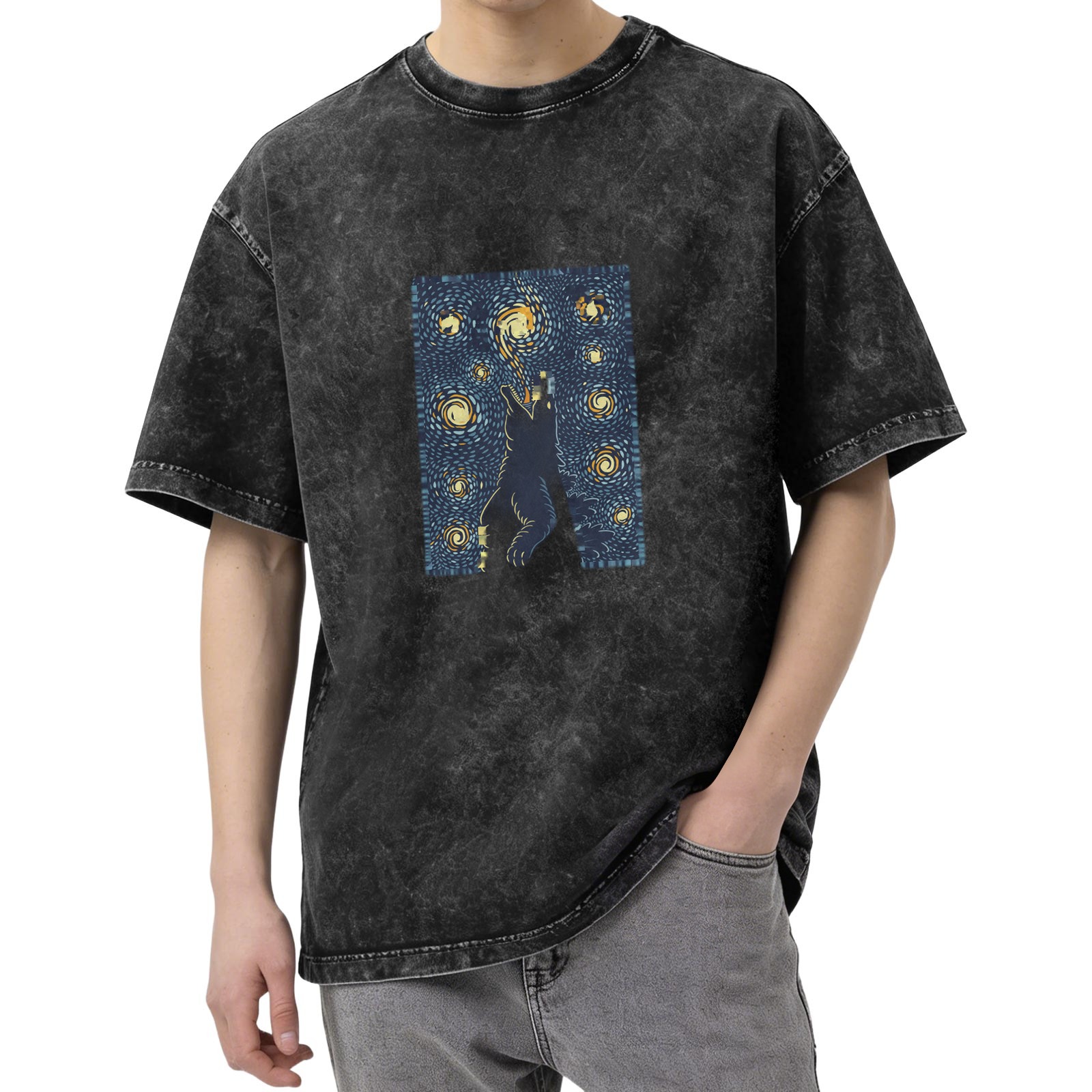 Oversized Dark Wash T-Shirt With Starry Night Wolf Howl Print