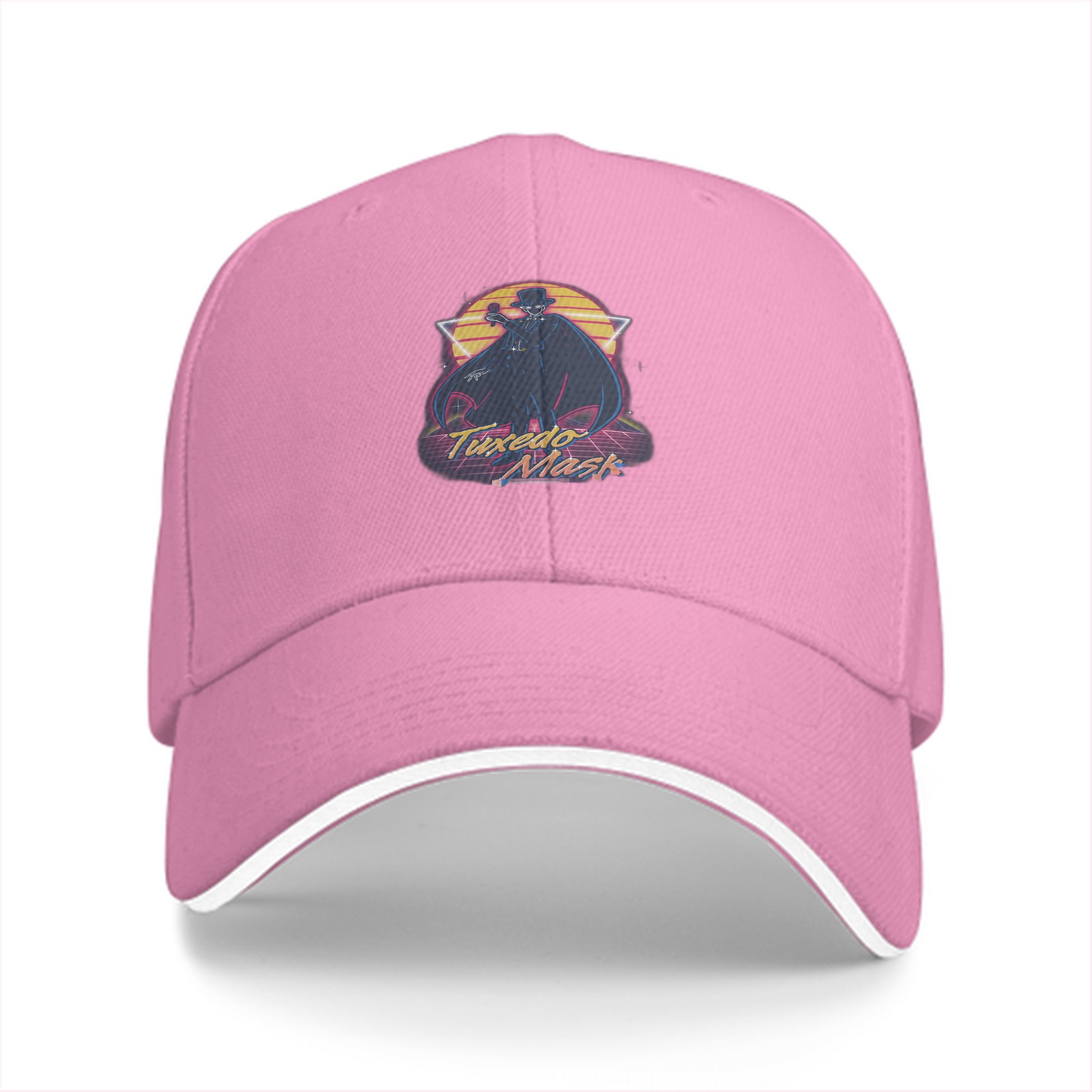 Black baseball cap with retro Tuxedo Mask graphic print