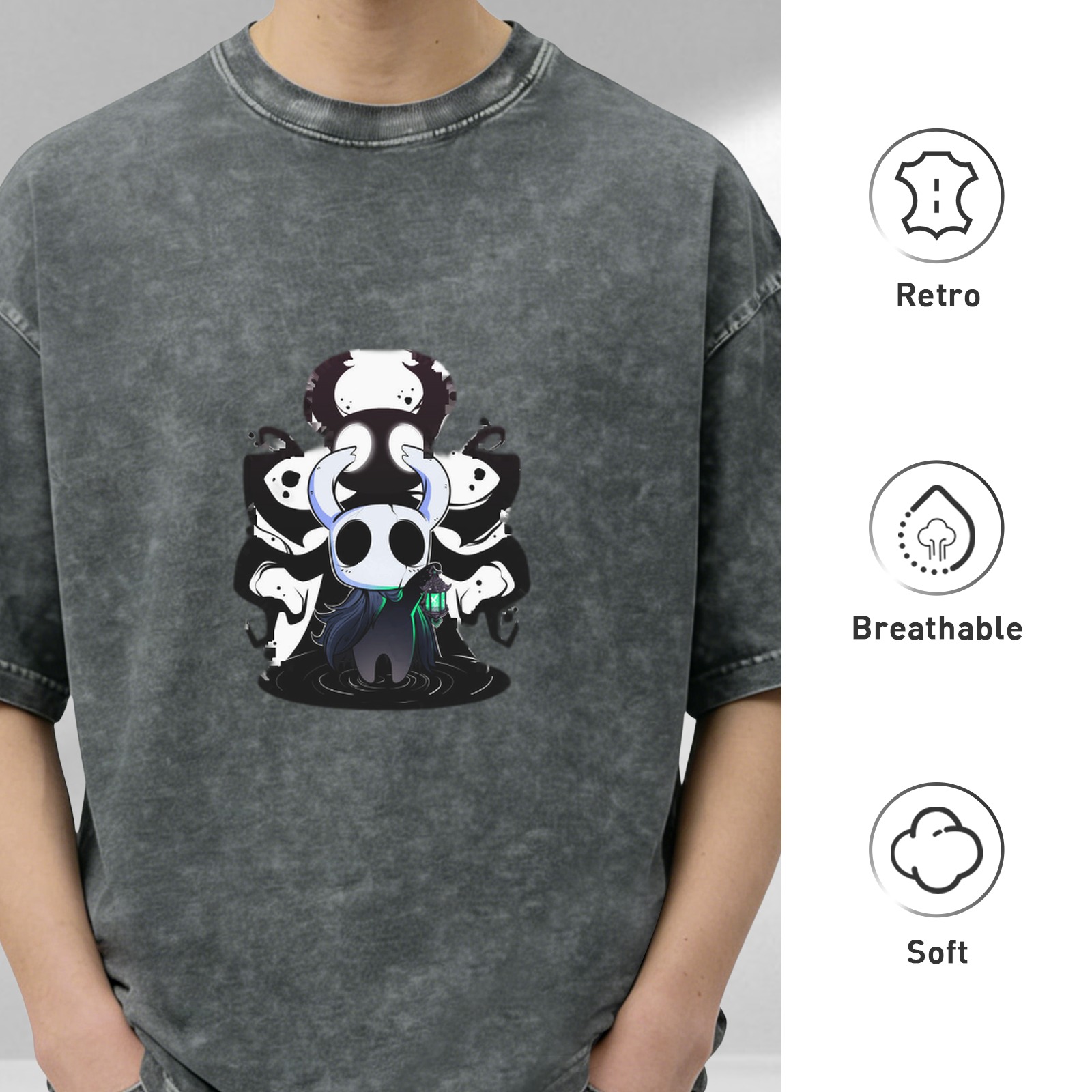 Hollow Knight themed washed distressed black loose short-sleeved T-shirt