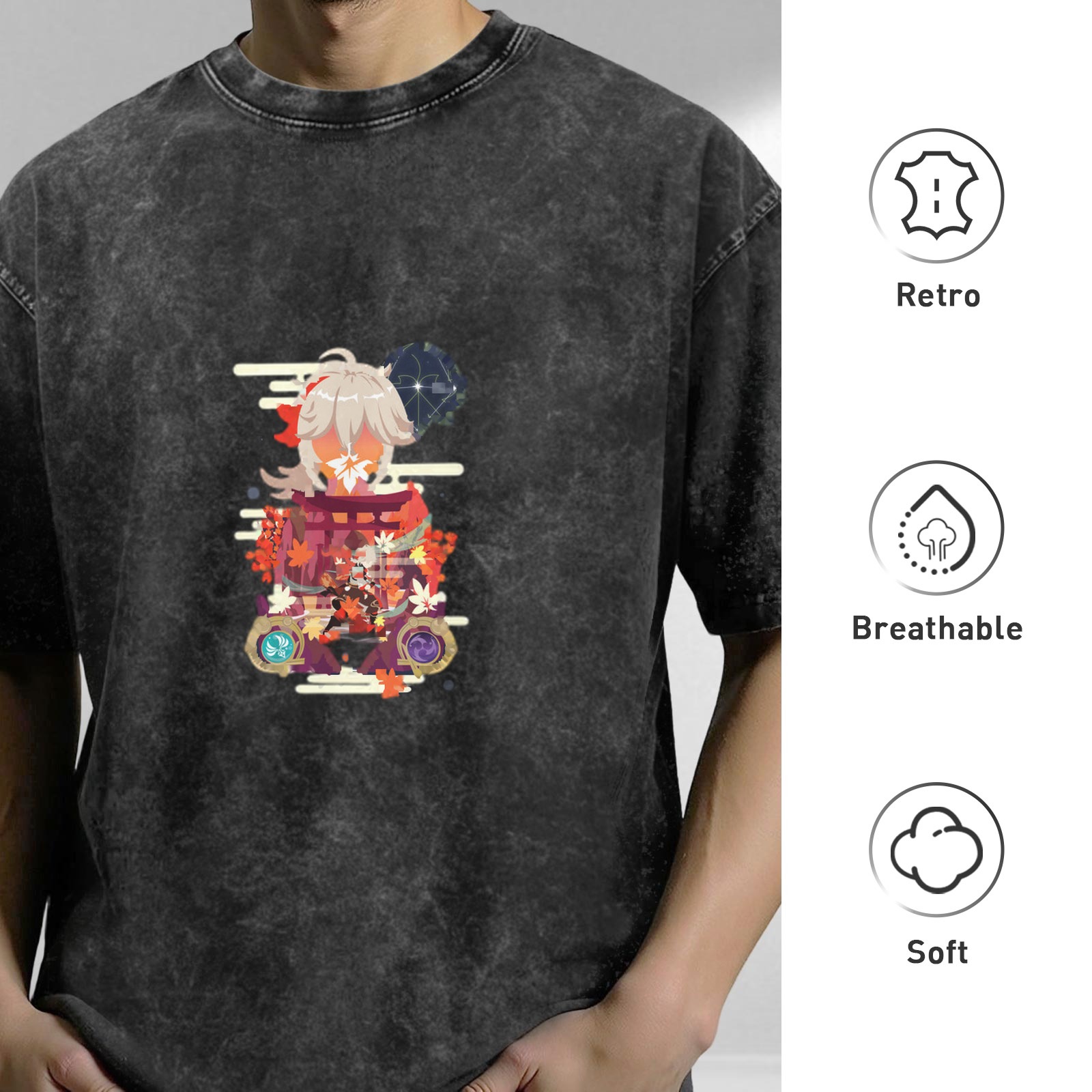 Genshin Impact Kaedehara Kazuha Graphic Washed Black T-Shirt