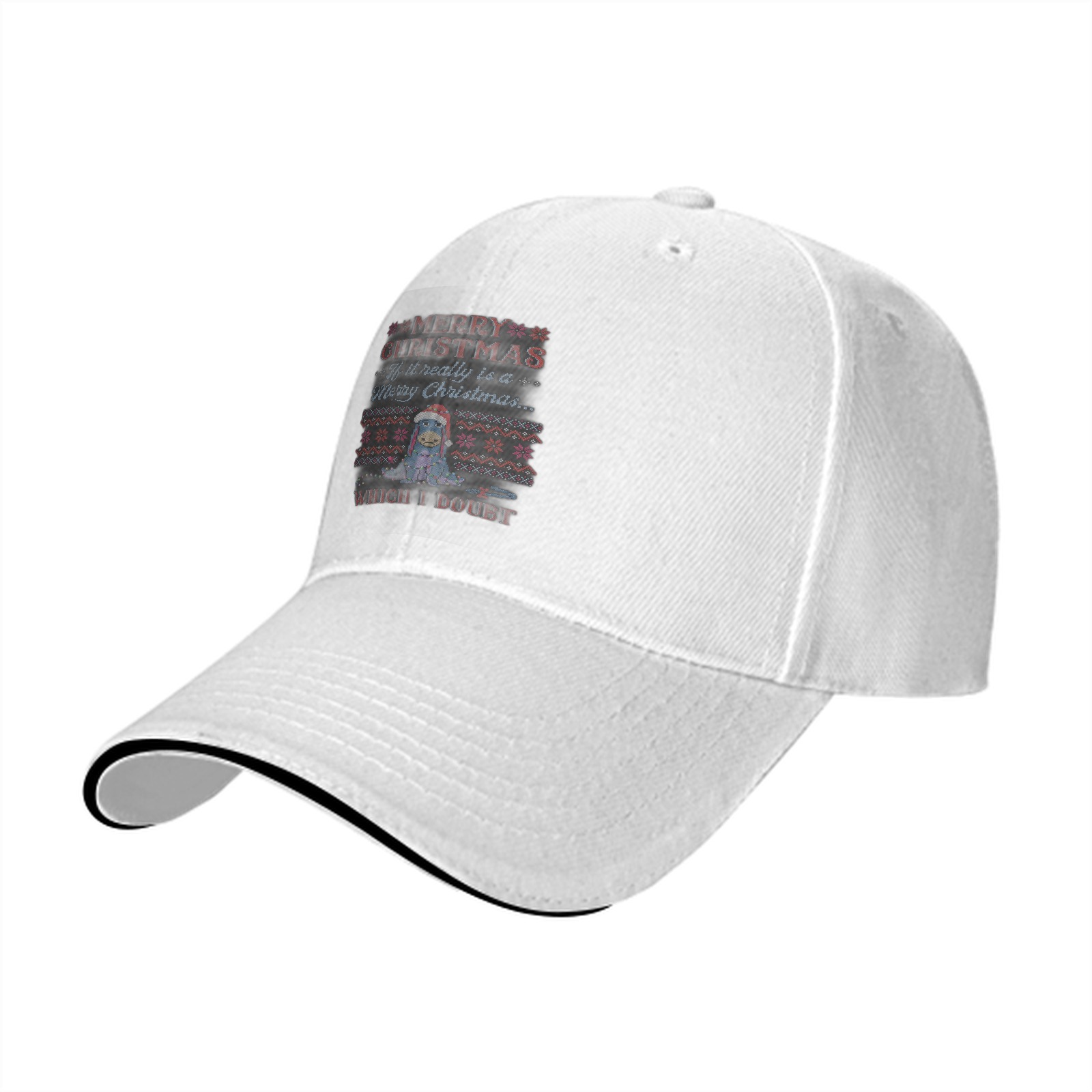 Black baseball cap with skeptical Eeyore Christmas print
