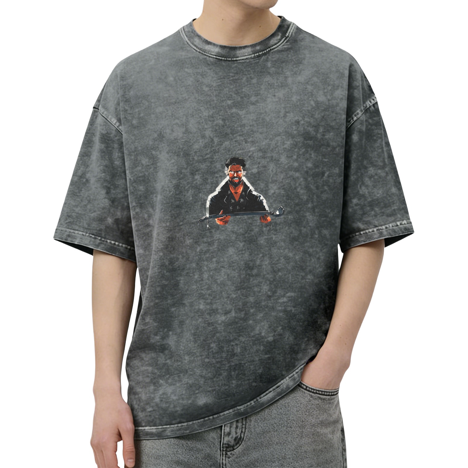 Oversized Acid Wash T-Shirt With Warrior Graphic Print