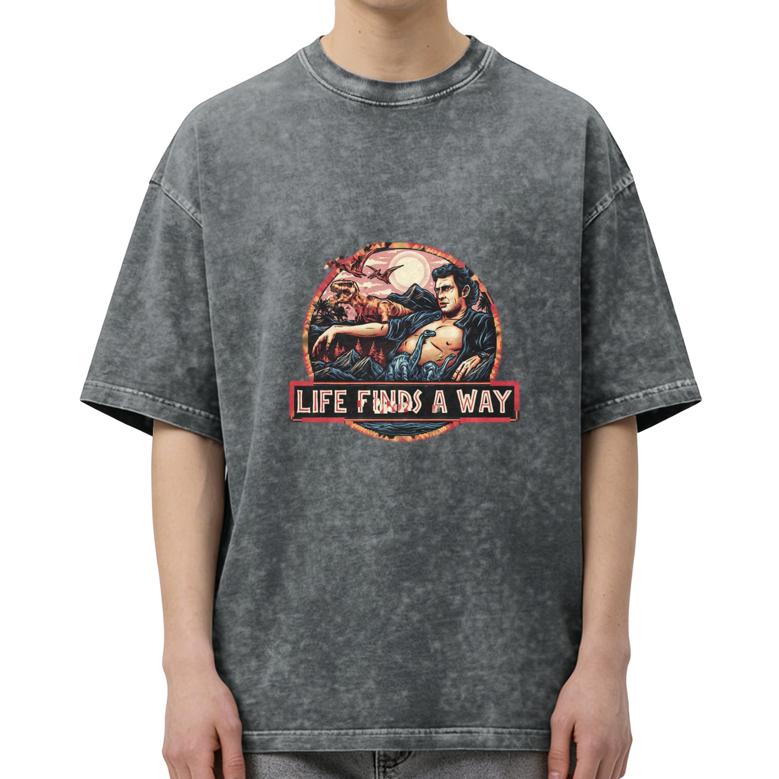 Washed black graphic t-shirt with Life Finds A Way dinosaur design