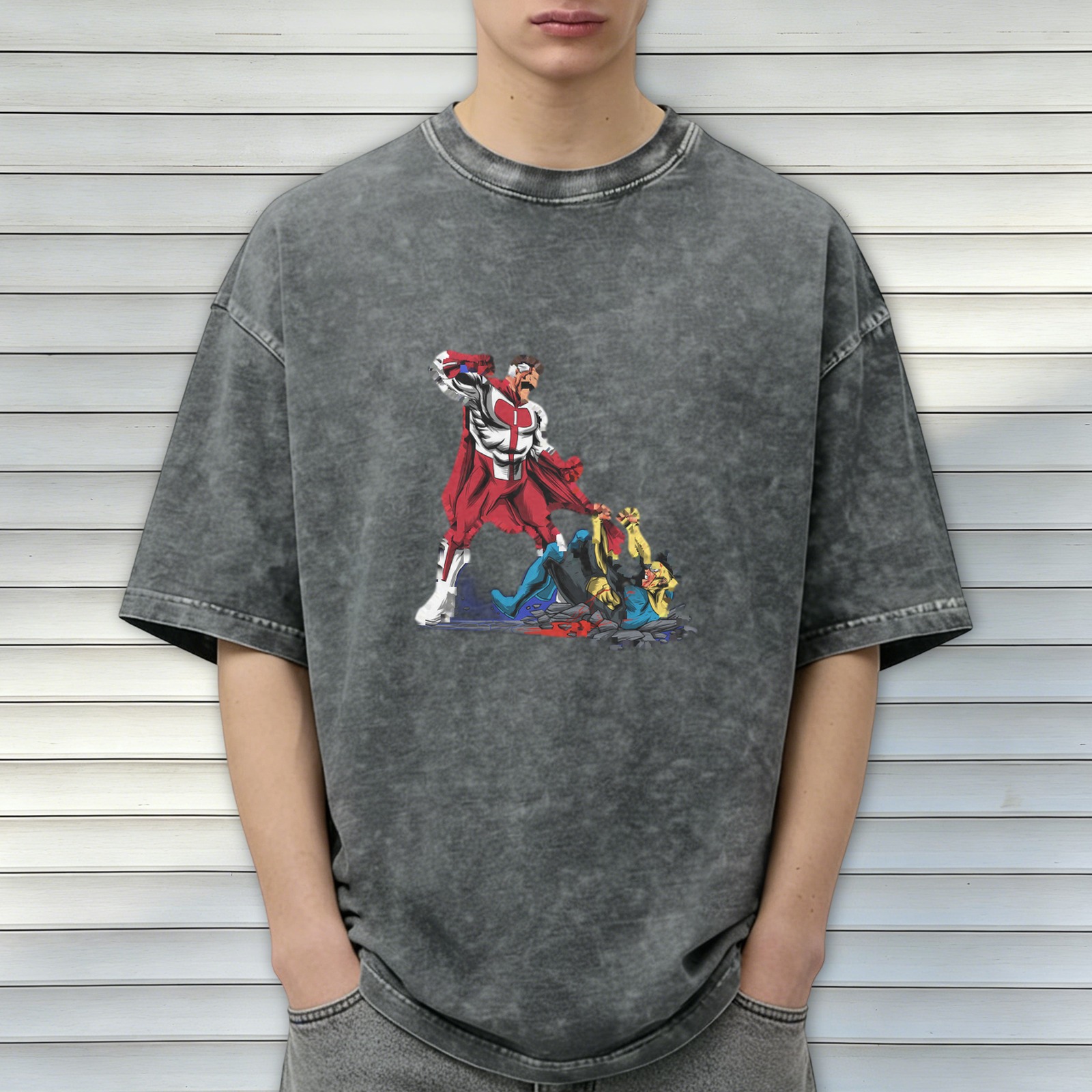 Oversized Dark Wash T-Shirt with Superhero Fight Graphic Print