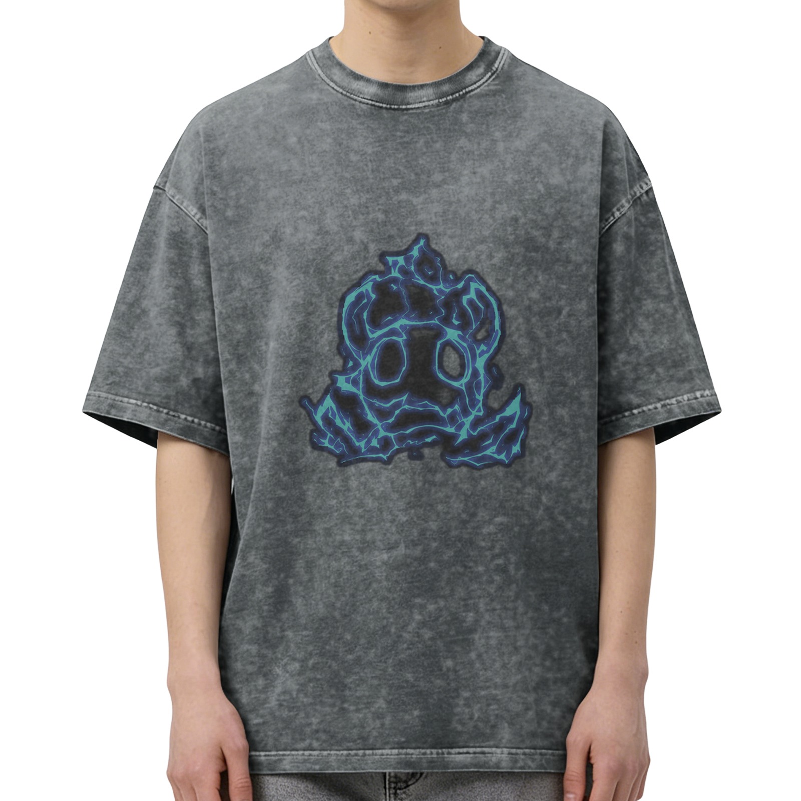 Washed Black T-Shirt With Glowing Blue Skull Graphic