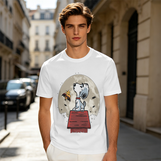 Snoopy and Woodstock on Doghouse Under Full Moon T-Shirt