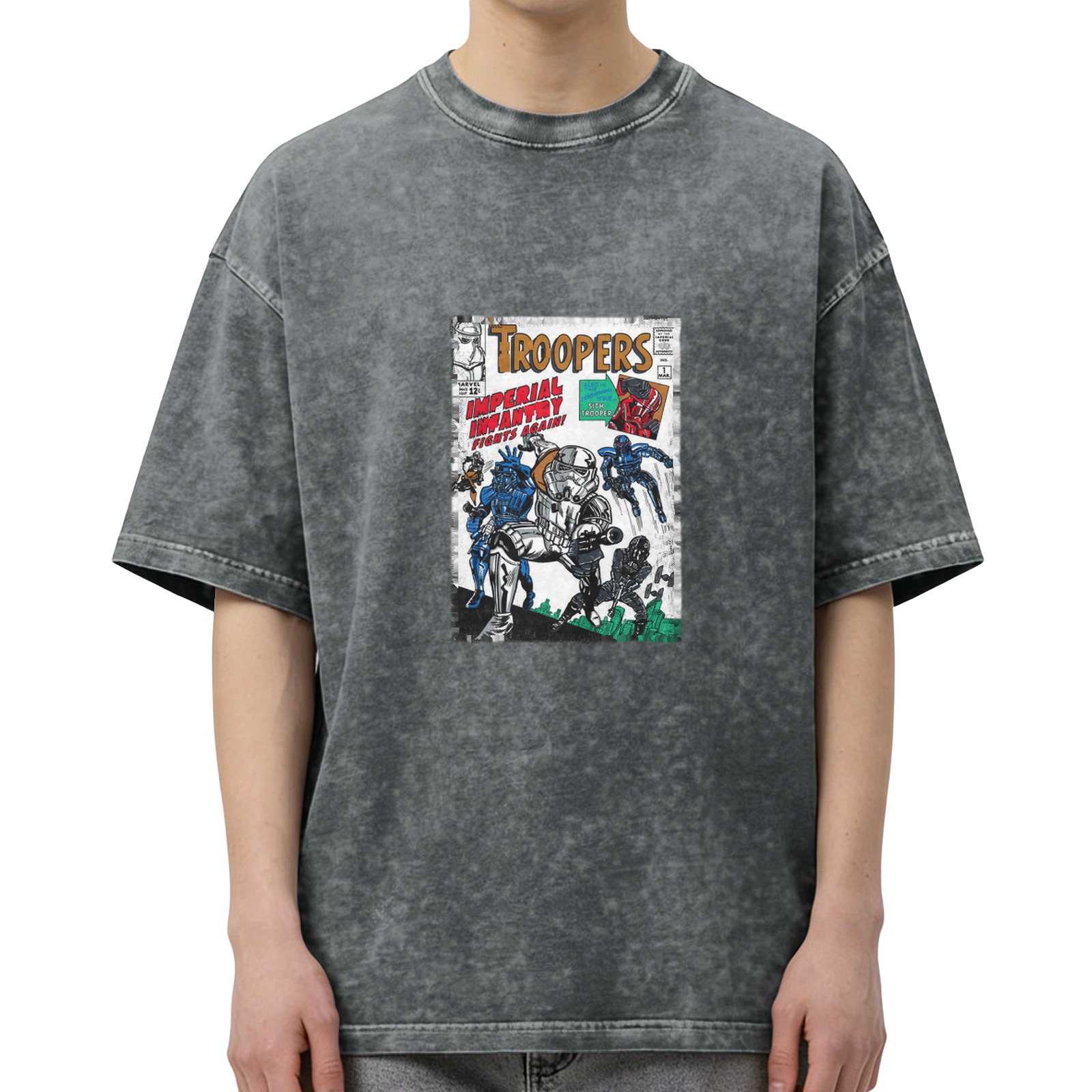 Washed Black T-Shirt with Retro Troopers Imperial Infantry Comic Print
