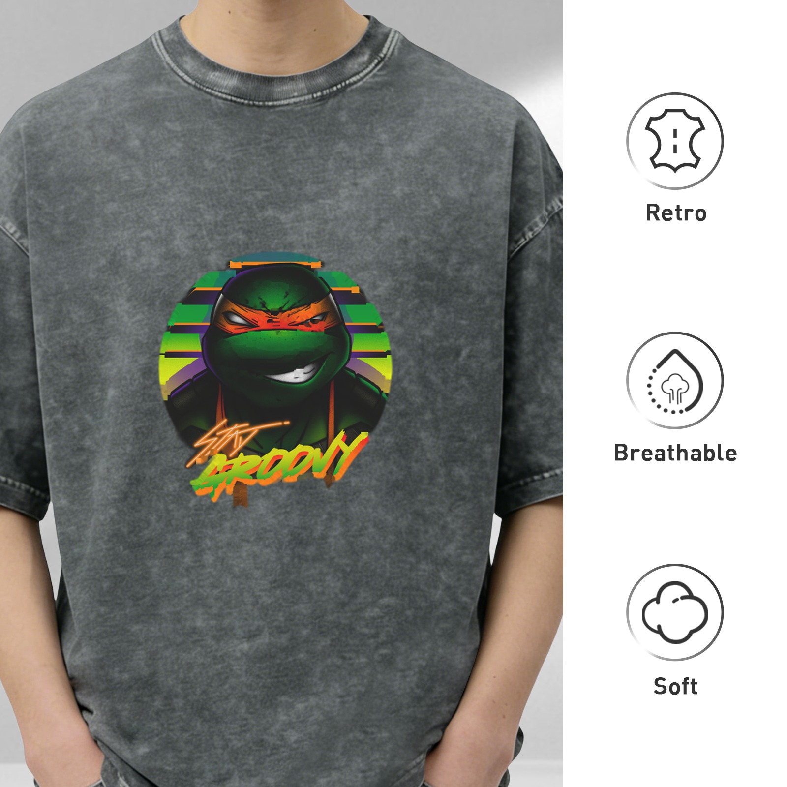 Oversized Dark Wash T-Shirt with Retro Teenage Mutant Ninja Turtle Graphic