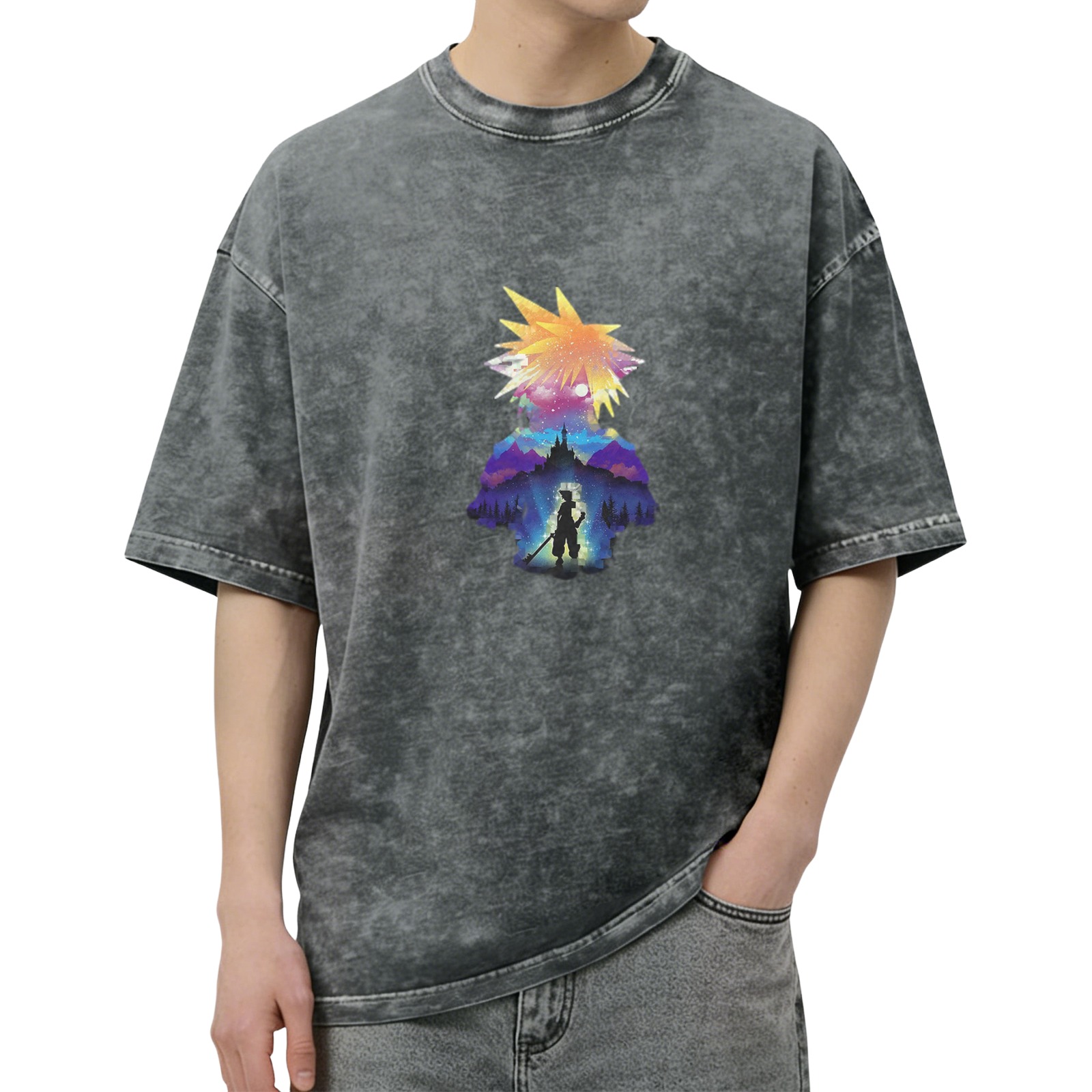 Final Fantasy themed distressed printed short-sleeved T-shirt