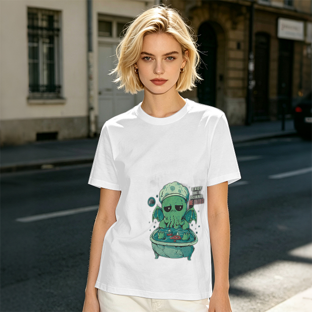 Olive T-shirt with Cute Sad Cthulhu Bathing Graphic