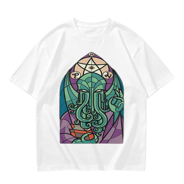 Olive T-Shirt with Stained Glass Style Cthulhu Occult Print