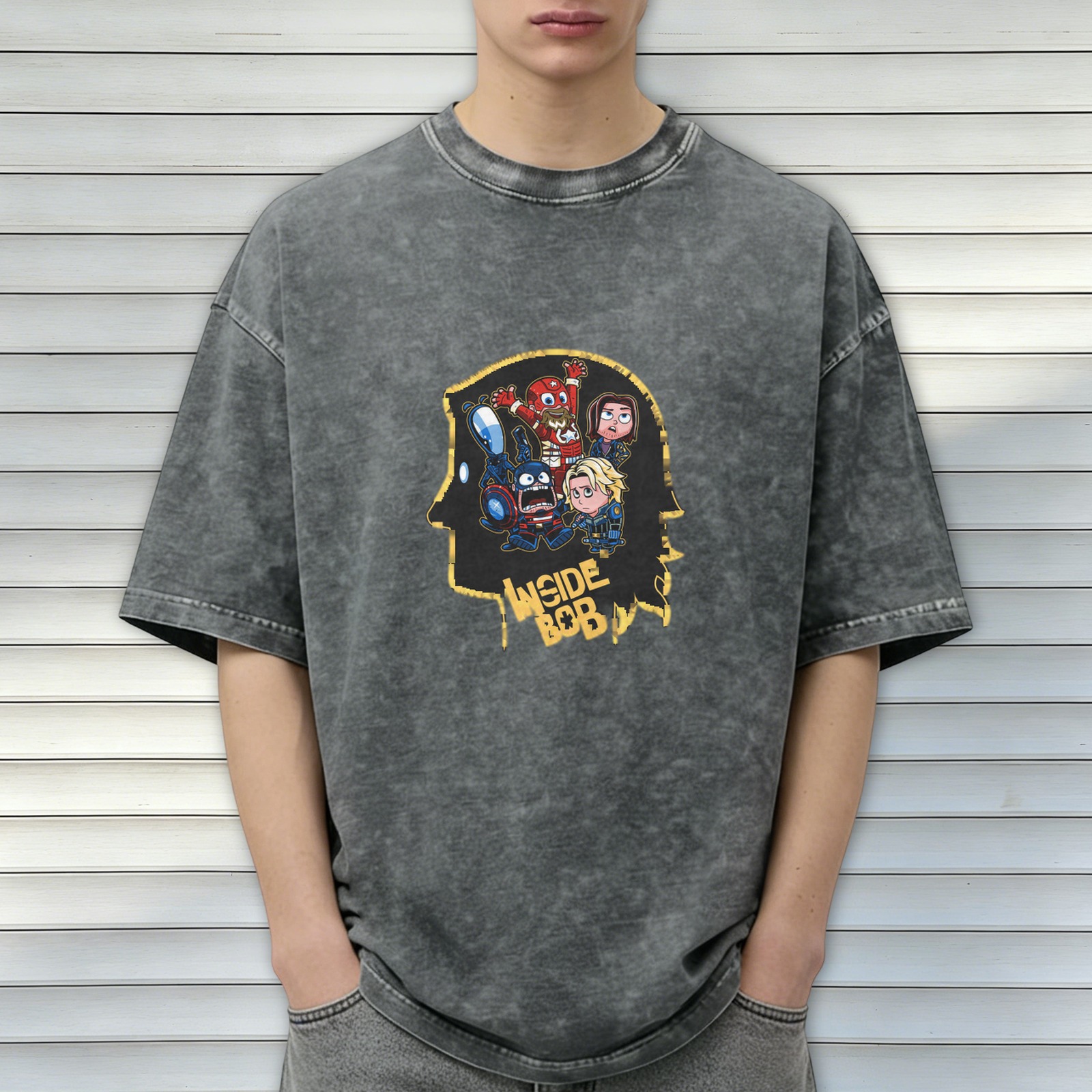 Oversized Washed Black T-Shirt With Inside Bob Superhero Graphic