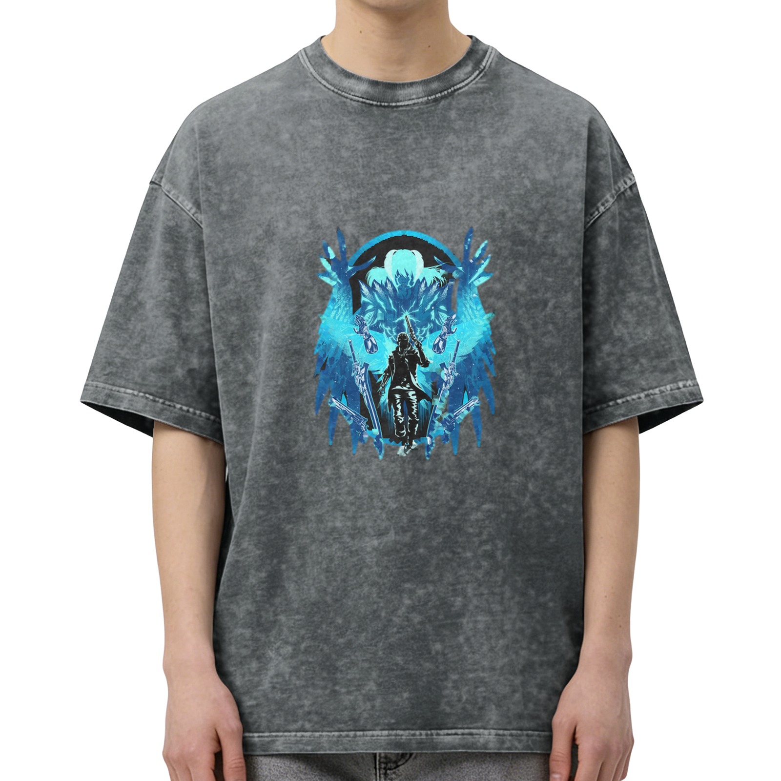 Washed Black Graphic T-Shirt With Blue Fantasy Winged Warrior Design
