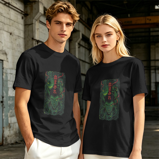 Olive anime graphic t-shirt with three dark fantasy characters