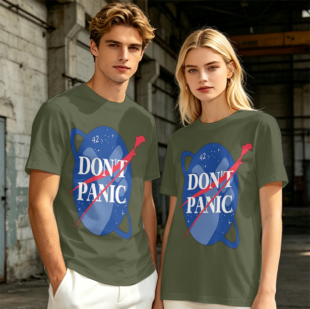 Olive green space-themed t-shirt with 'Don't Panic' print