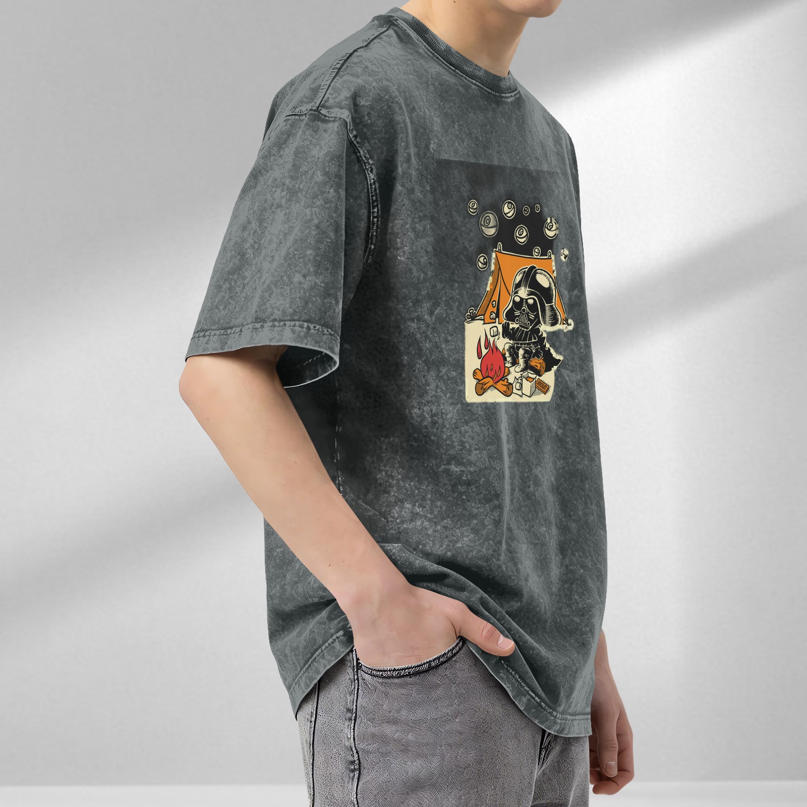 Oversized dark wash t-shirt with cartoon Darth Vader camping graphic