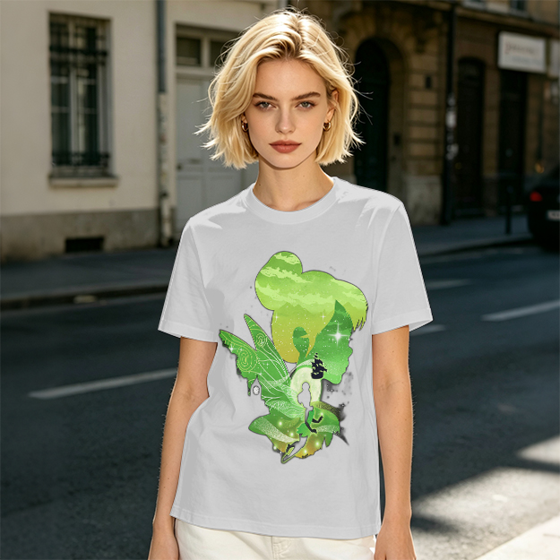 Olive T-shirt with fairy silhouette graphic design