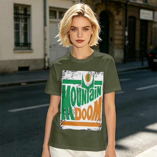 Olive T-shirt with Mountain Doom Themed Graphic Print