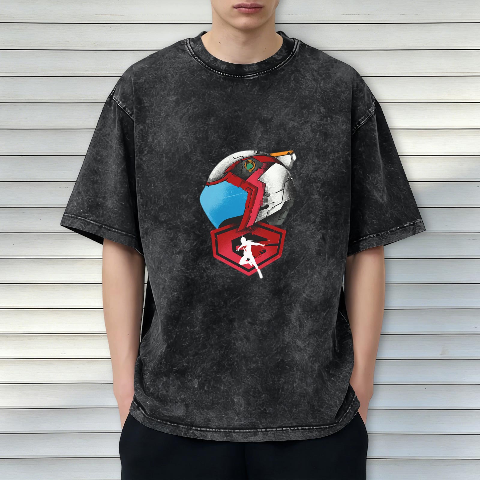 Oversized Acid Wash T-Shirt With Anime Mech Helmet Print