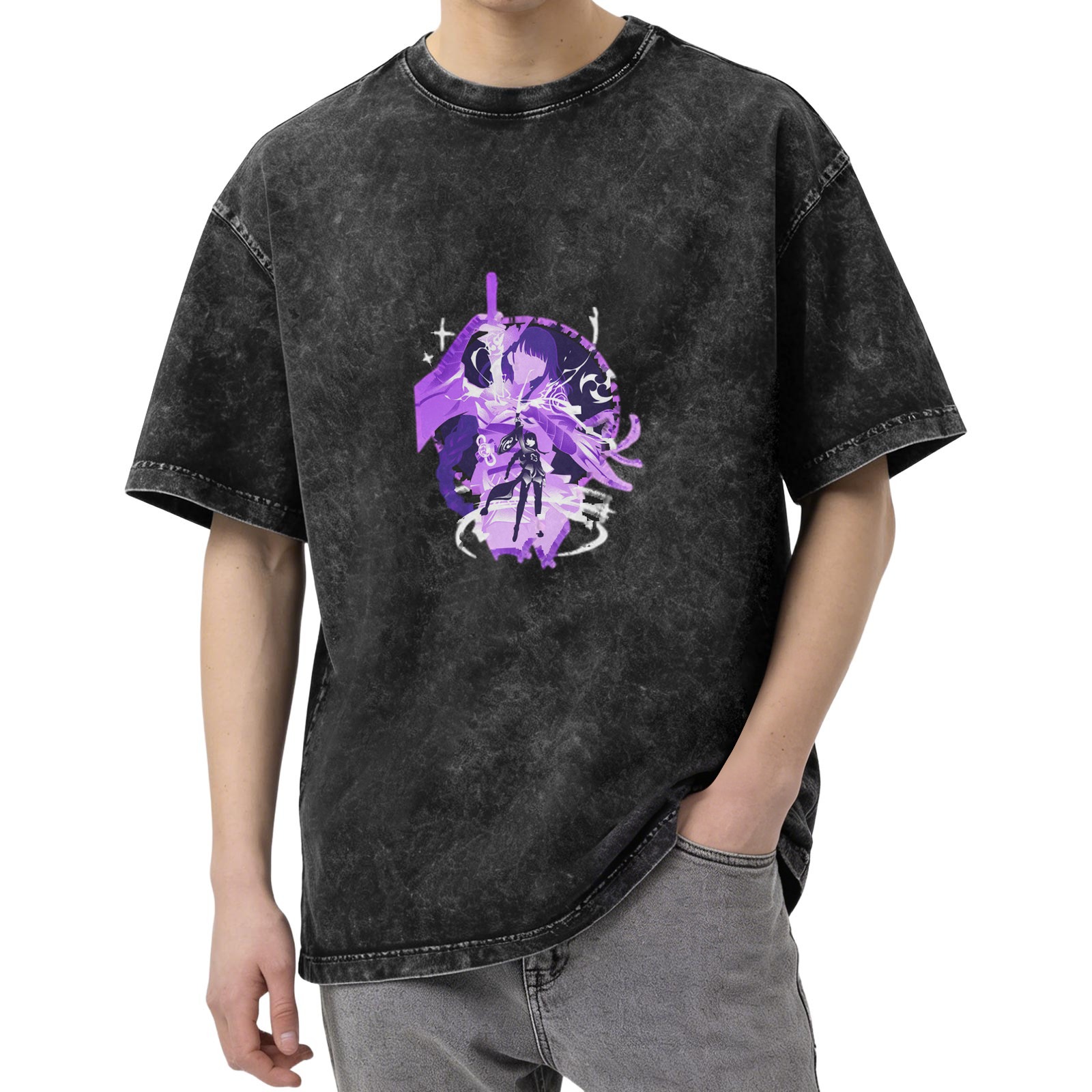 Washed Black T-Shirt with Purple Anime Character Graphic Print