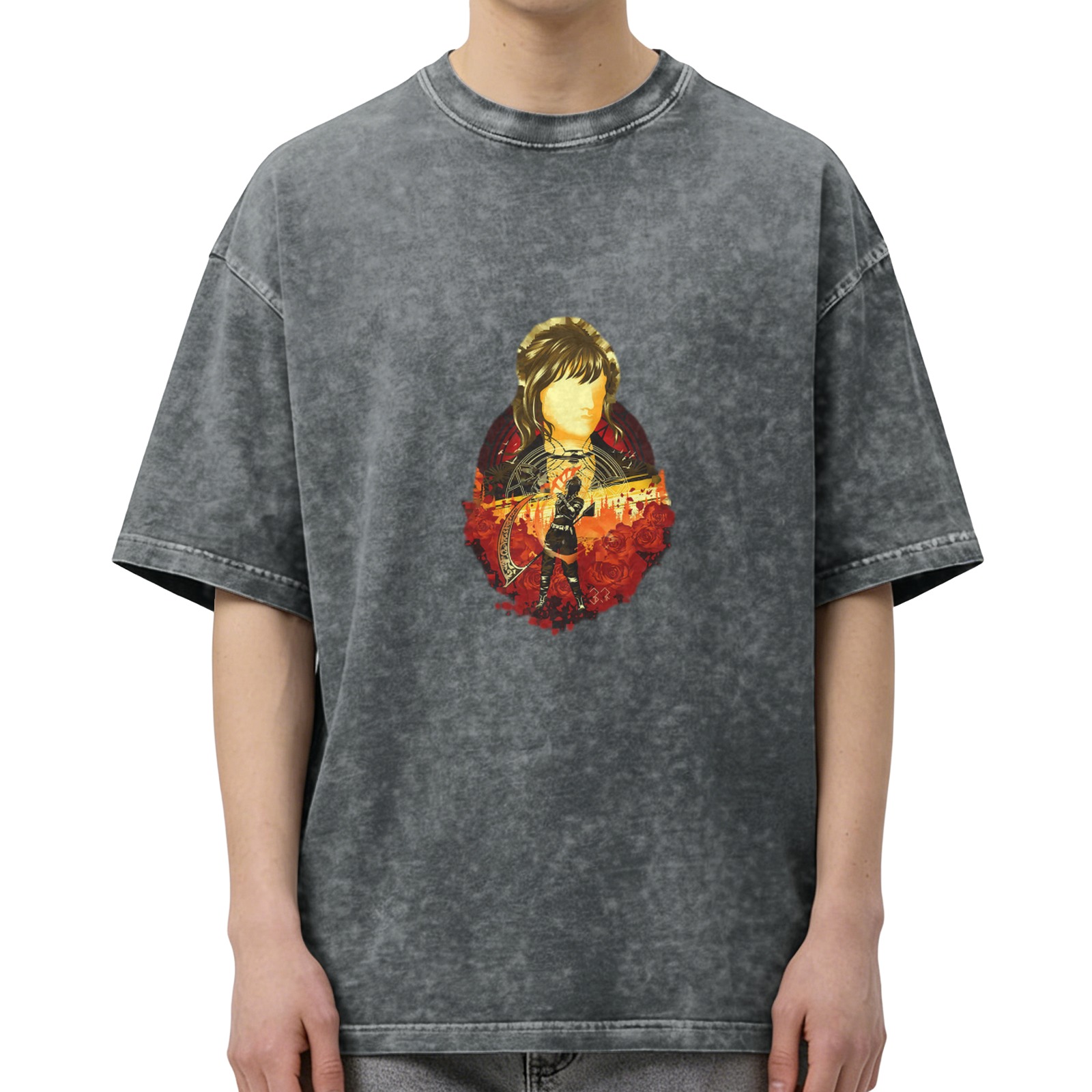 Washed Black Oversized T-Shirt With Fantasy Archer Graphic Print