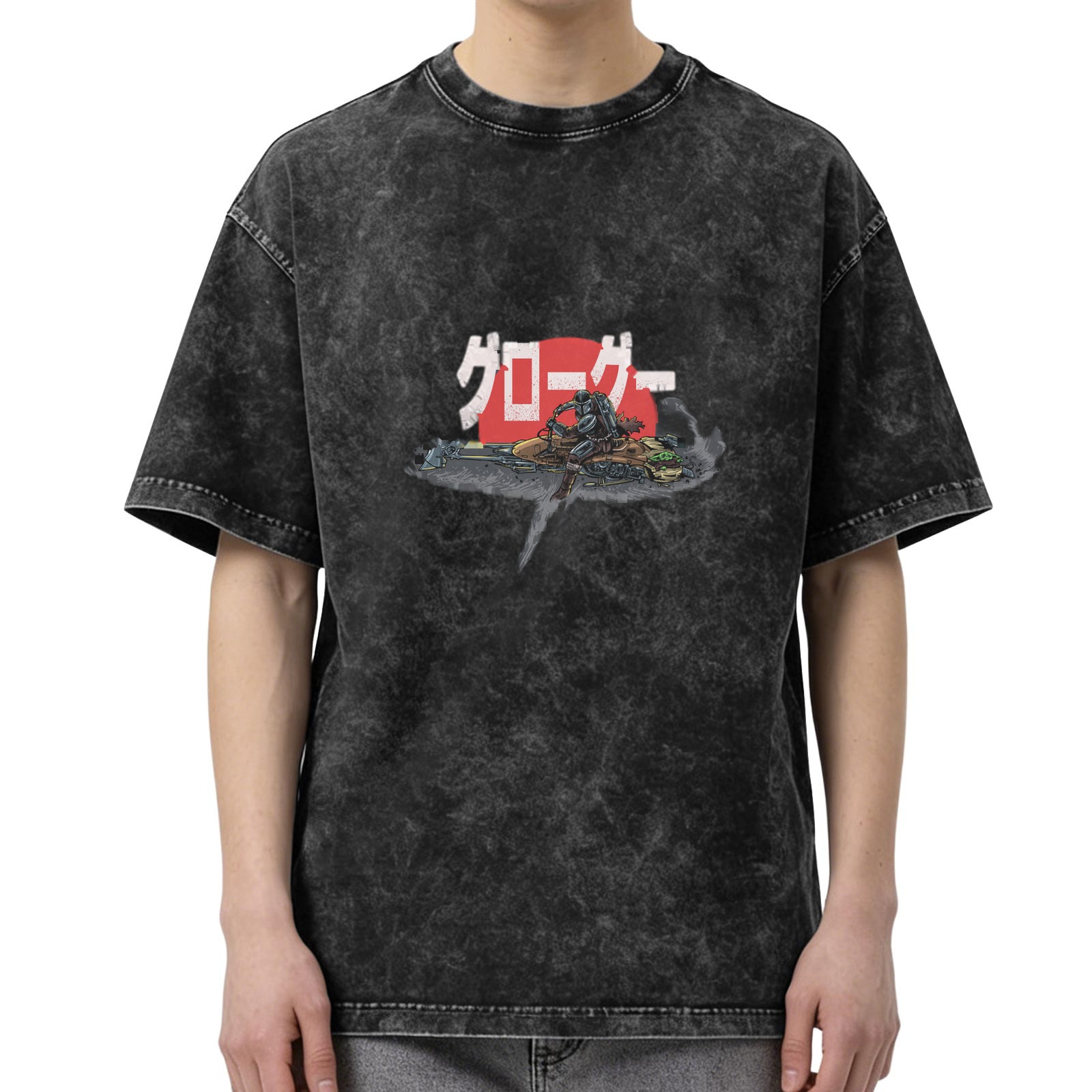 Washed black graphic t-shirt with Japanese text and character illustration