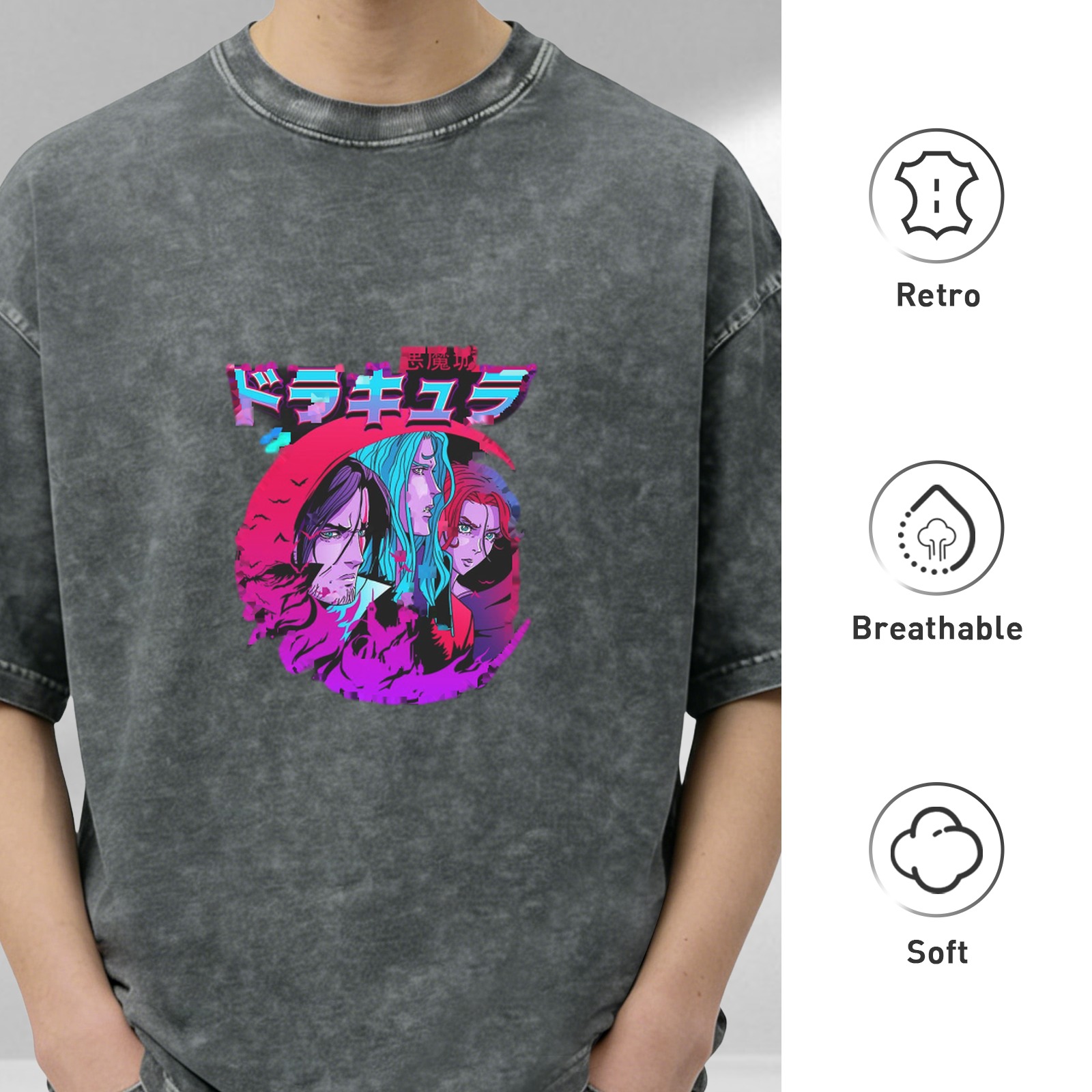 Retro washed black anime theme printed short-sleeved T-shirt