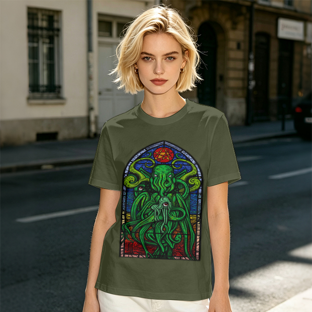 Olive T-Shirt with Cthulhu Stained Glass Style Graphic
