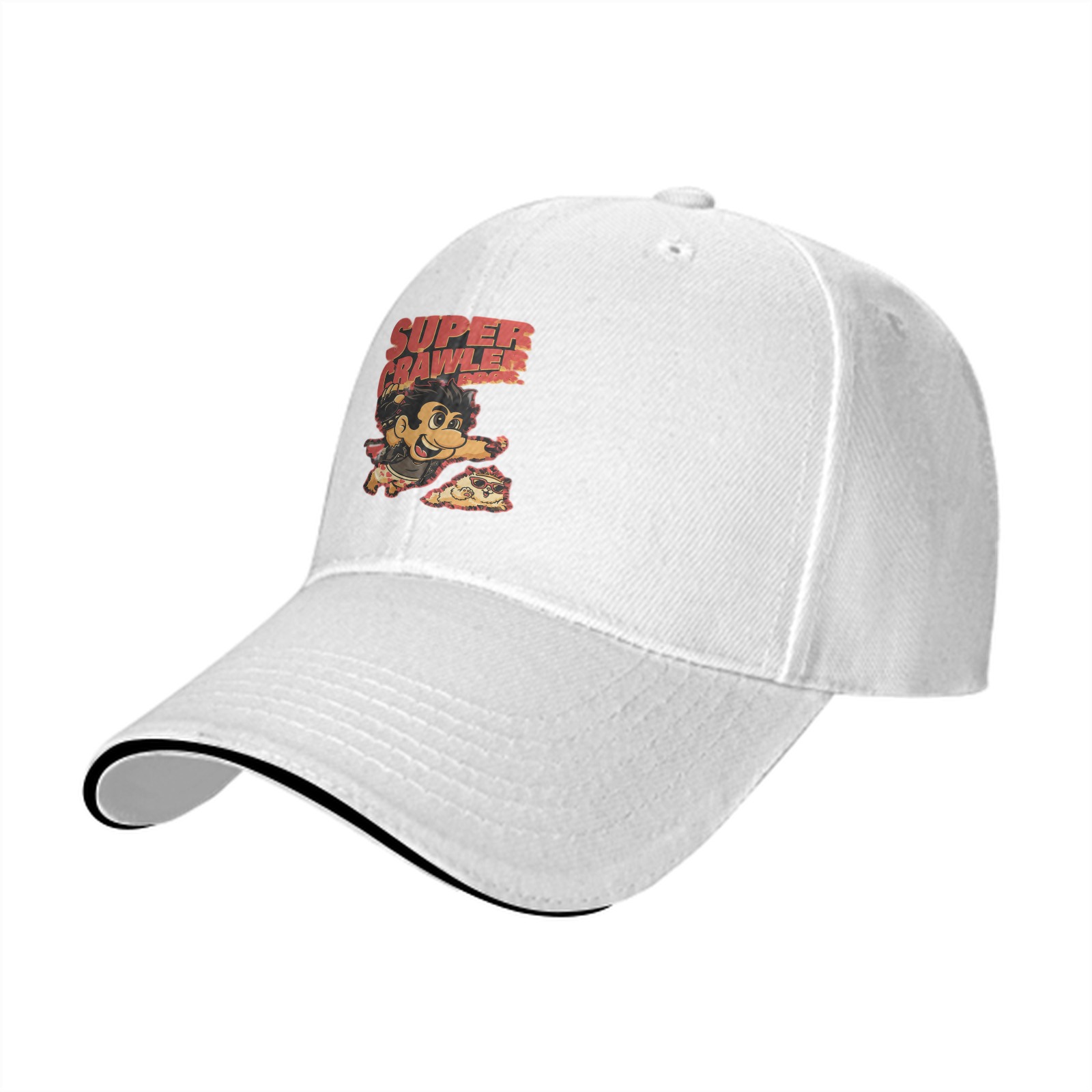 Black baseball cap with Super Crawler pizza-themed cartoon graphic