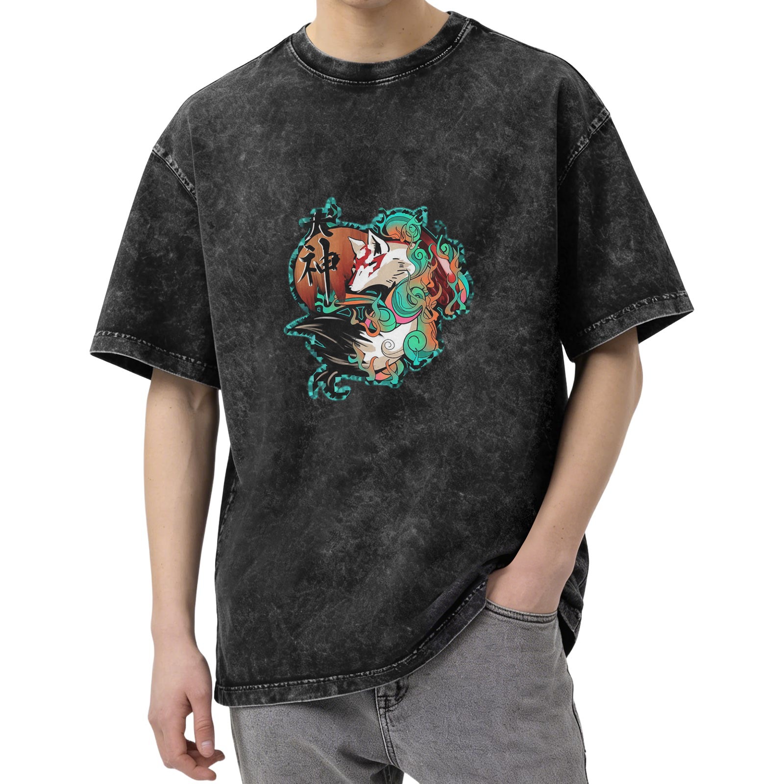 Retro washed black anime style wolf print short sleeve T-shirt