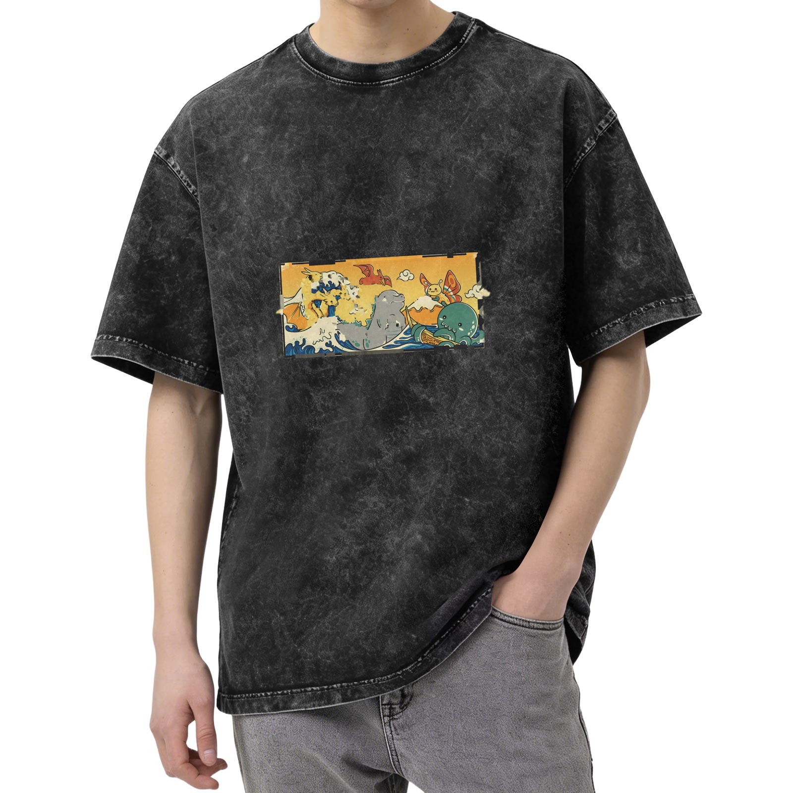 Washed Black Oversized T-Shirt with Cute Monster Wave Graphic