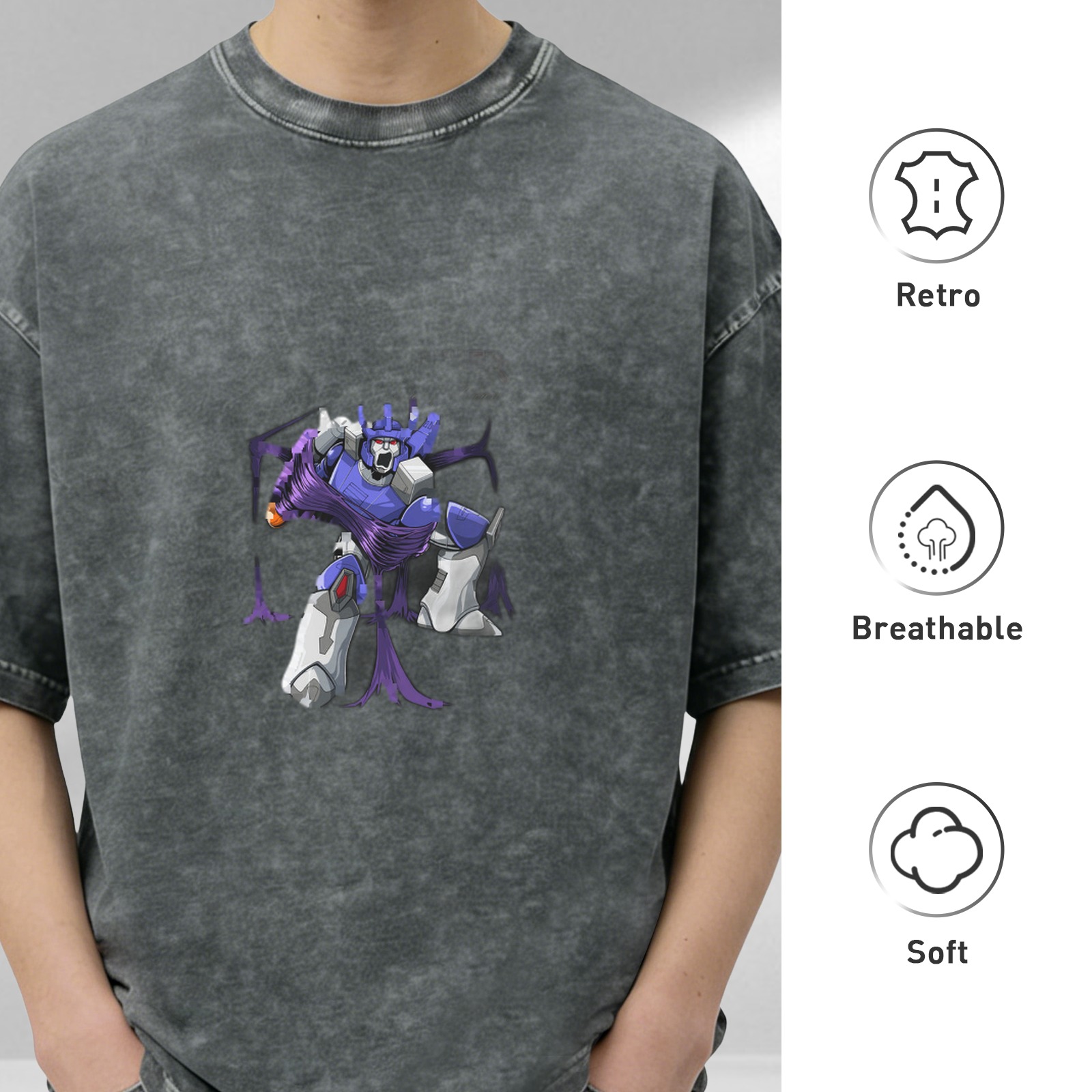 Oversized faded black t-shirt with Transformer robot graphic
