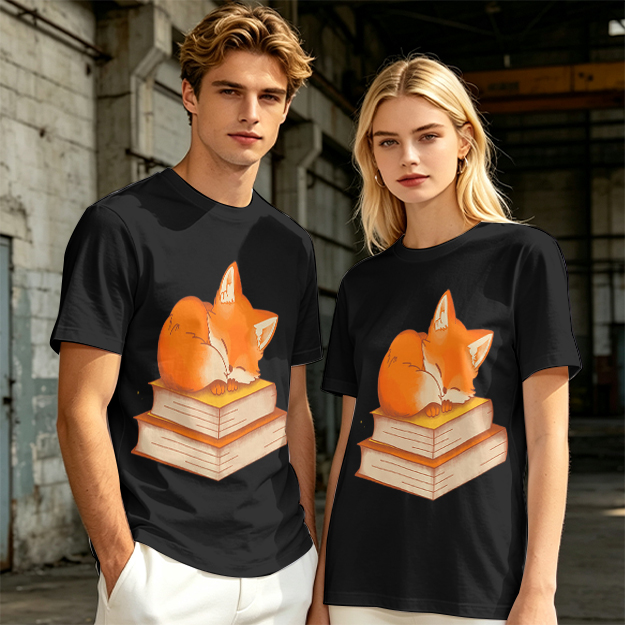 Olive T-Shirt With Sleeping Fox On Stacked Books Print
