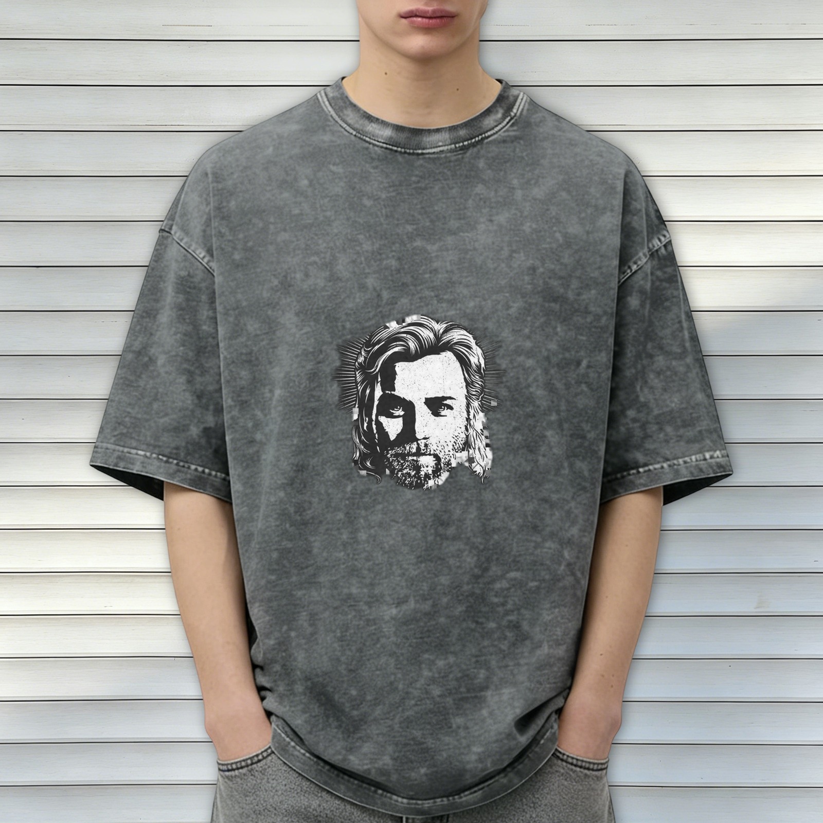 Distressed washed black loose short-sleeved T-shirt with portrait printed on the front