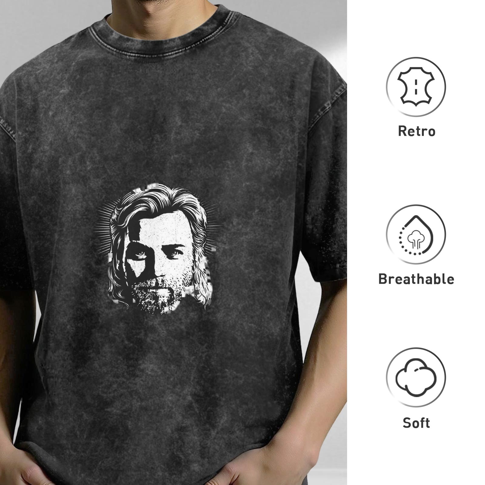 Distressed washed black loose short-sleeved T-shirt with portrait printed on the front