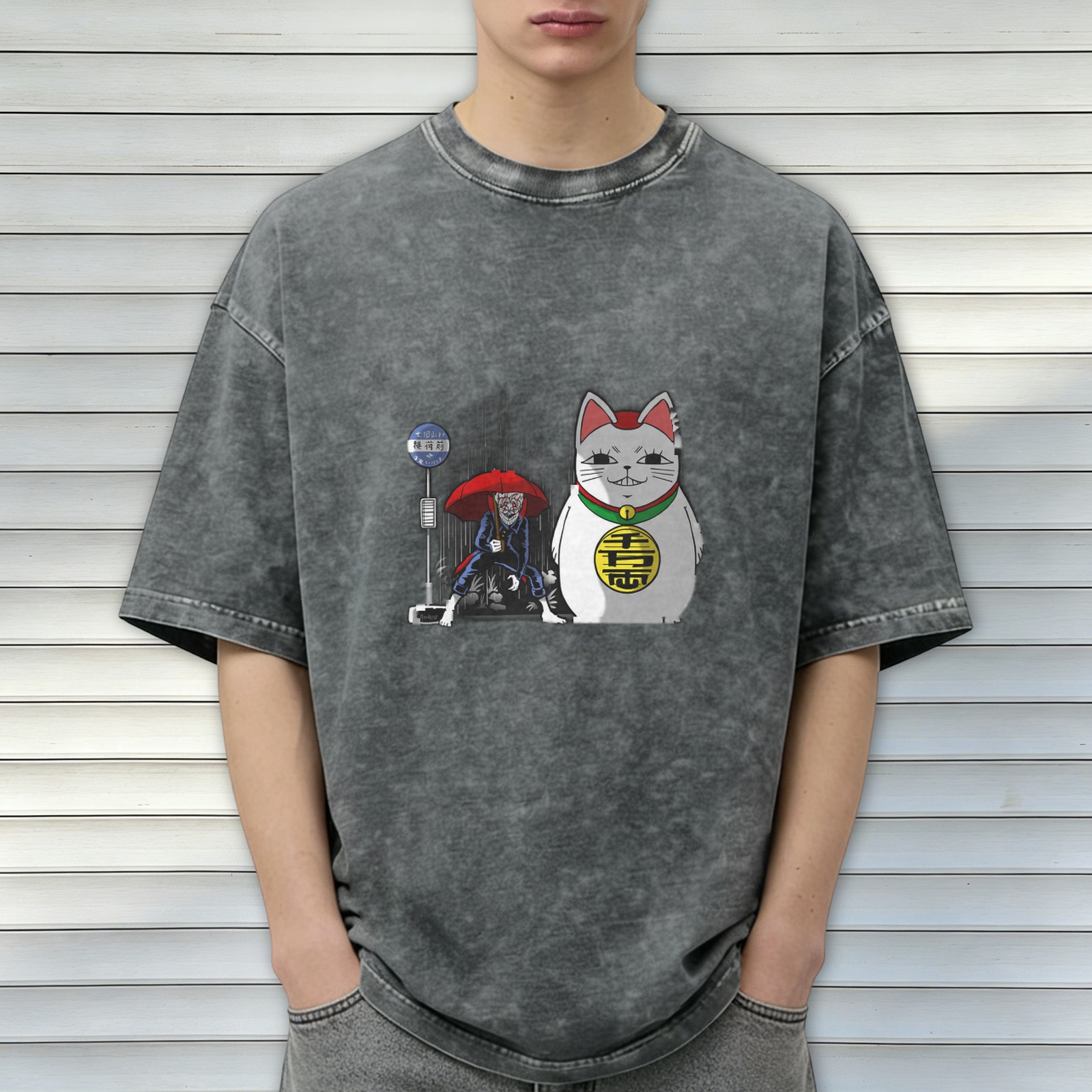 oversized acid wash t-shirt with japanese maneki neko and yokai graphic