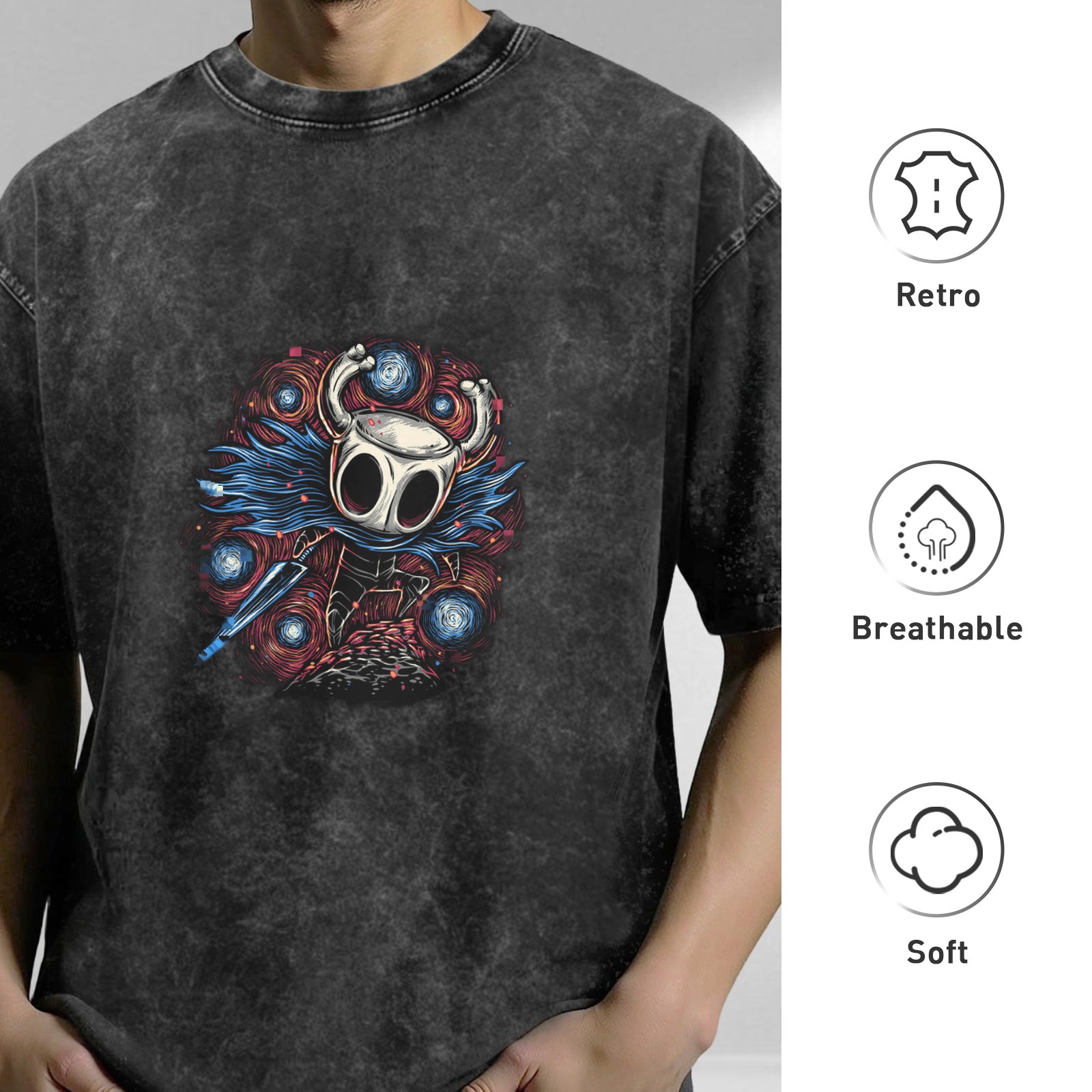 Oversized Dark Wash T-Shirt With Hollow Knight Artwork Print