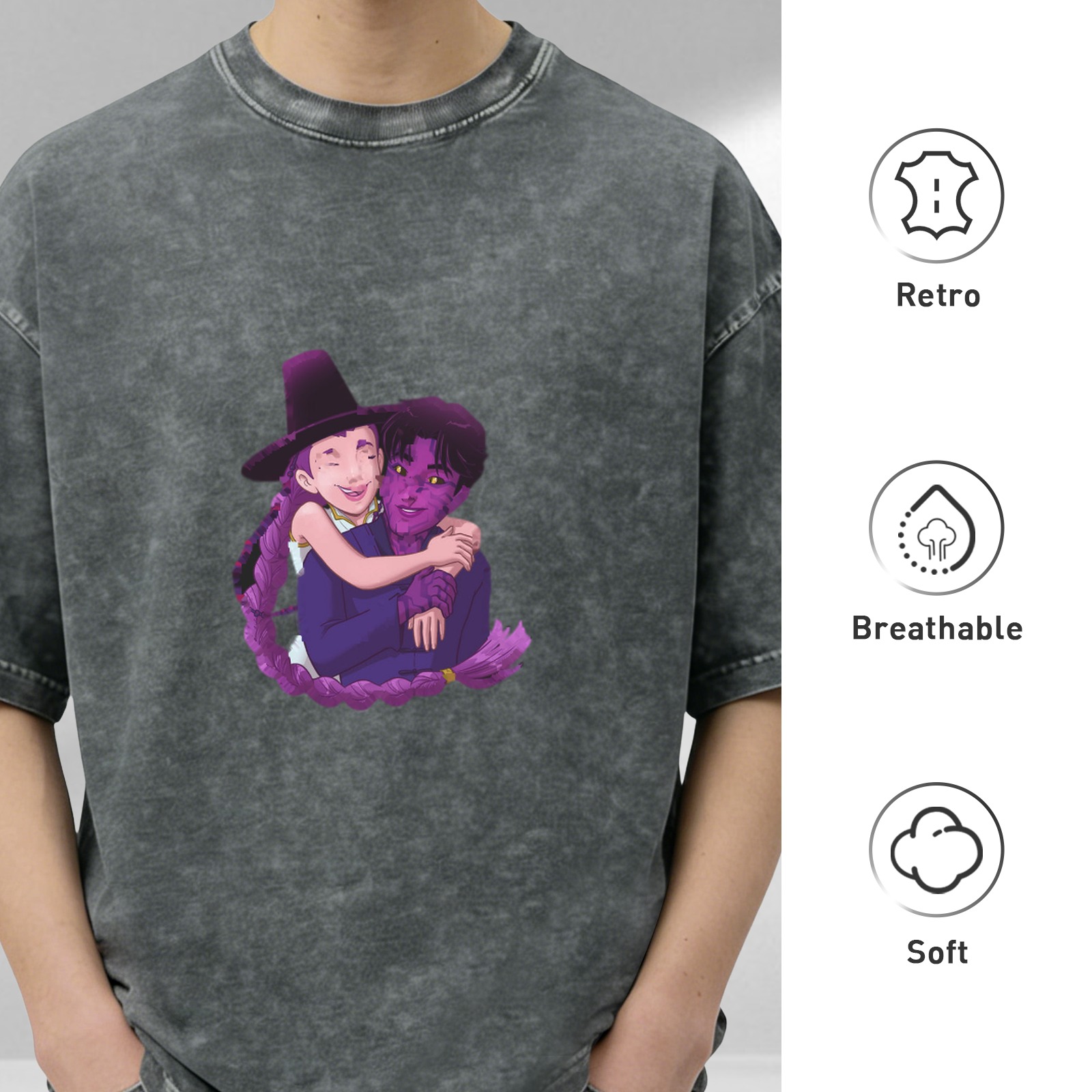 Oversized dark washed graphic tee with anime couple embrace print