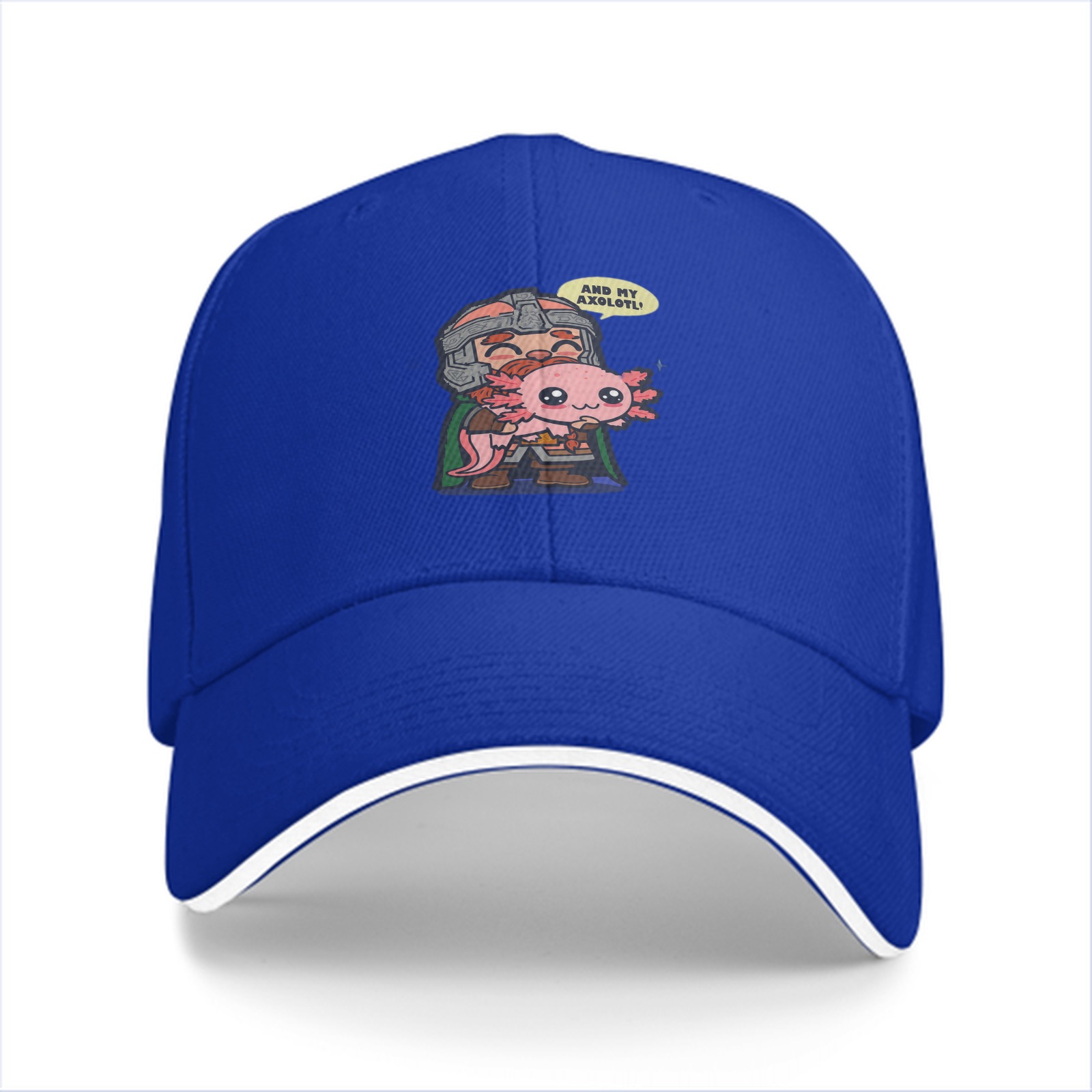 Black baseball cap with dwarf holding axolotl graphic