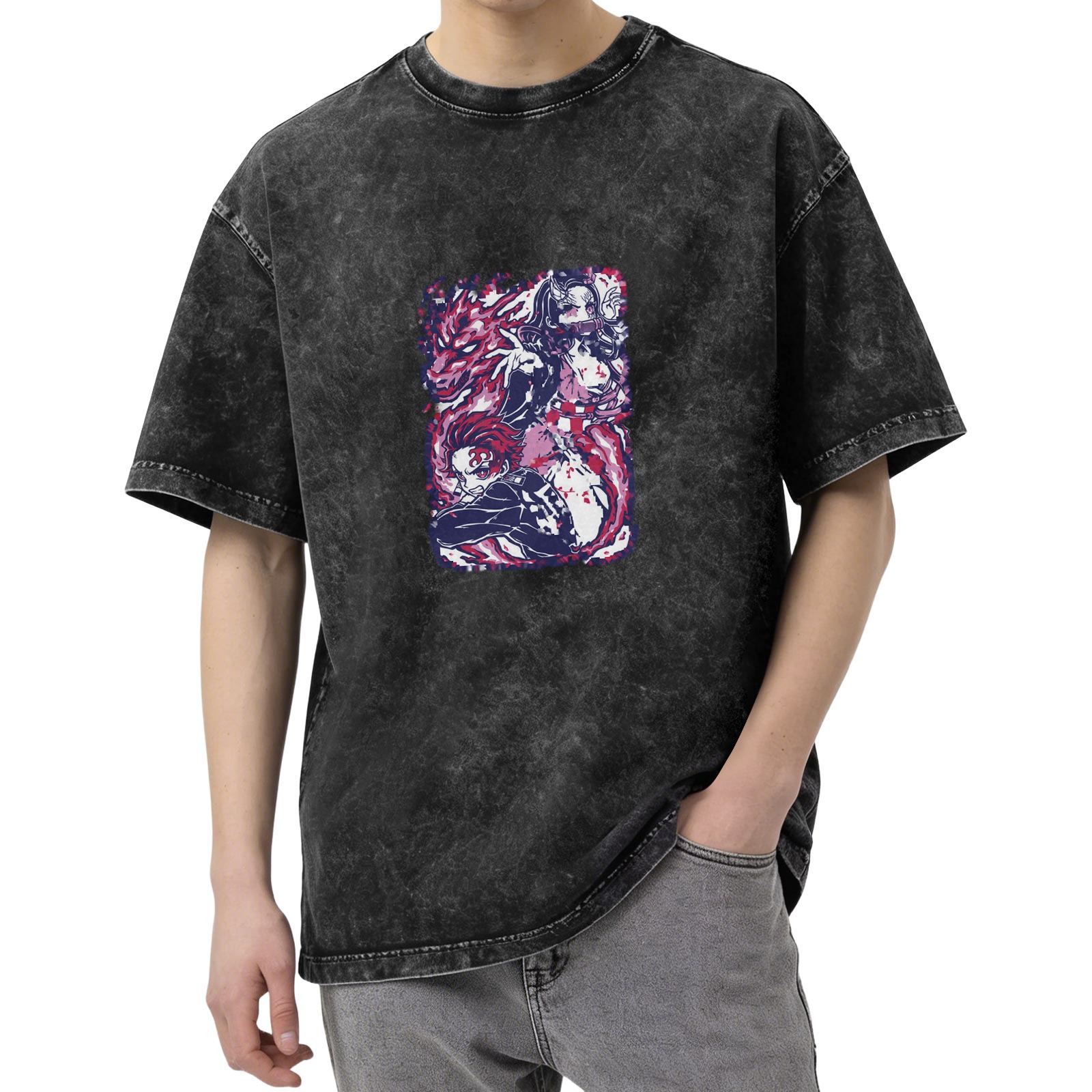 Demon Slayer themed distressed washed black loose short-sleeved T-shirt