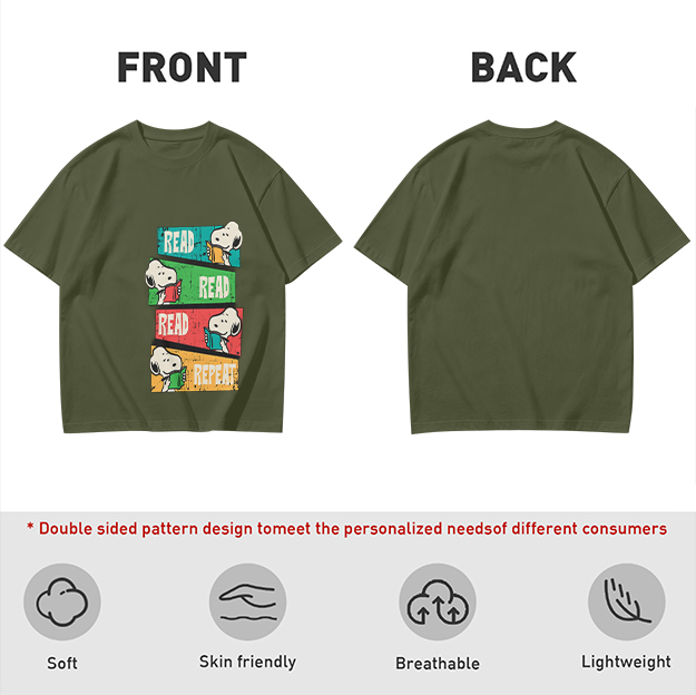 Olive T-Shirt with Snoopy Read Repeat Reading Graphic