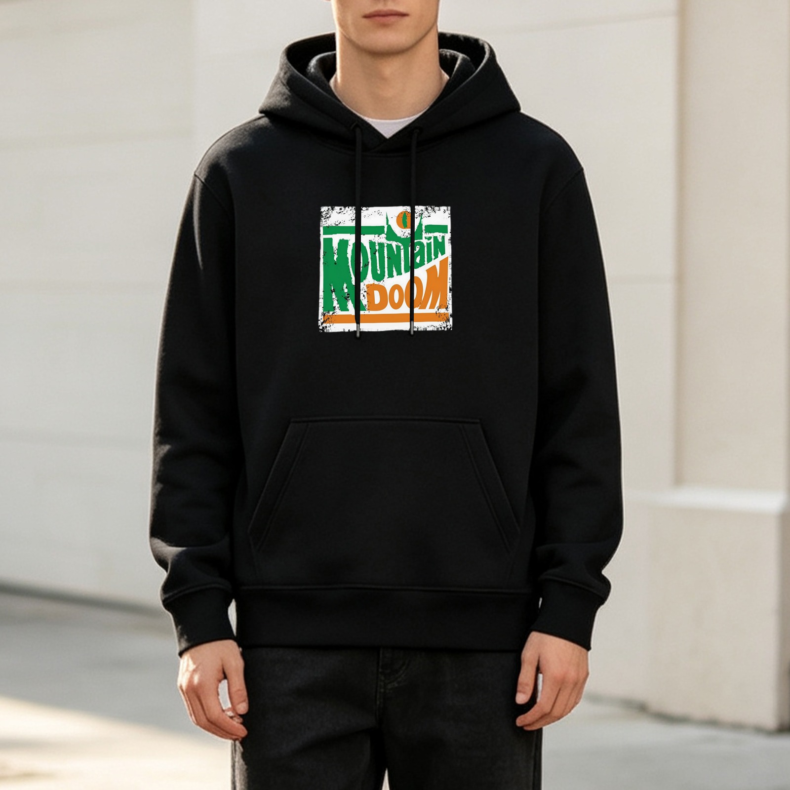 Black Hoodie with Distressed Mountain Doom Graphic Print