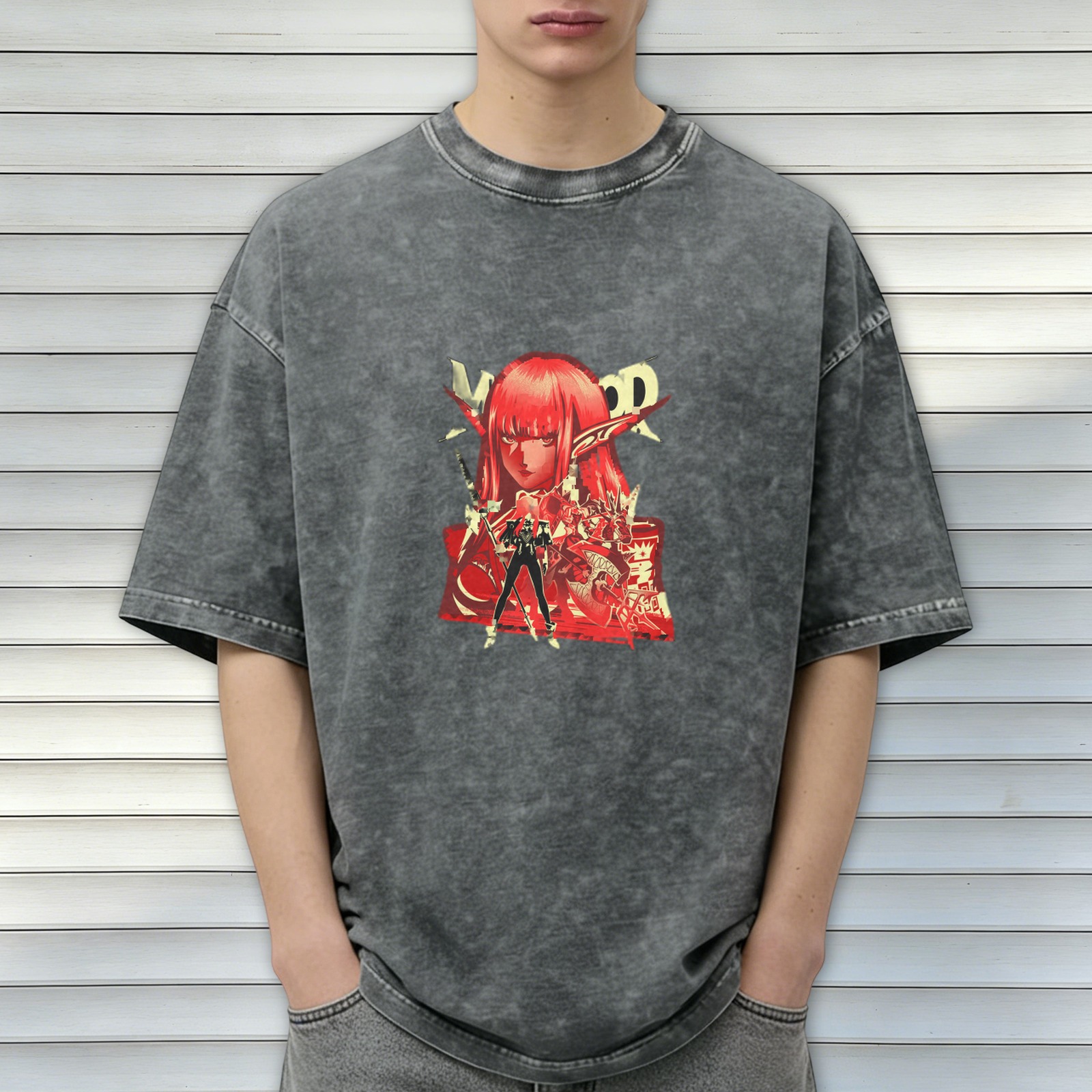 Oversized Acid Wash T-Shirt with Anime Elf Warrior Graphic Print